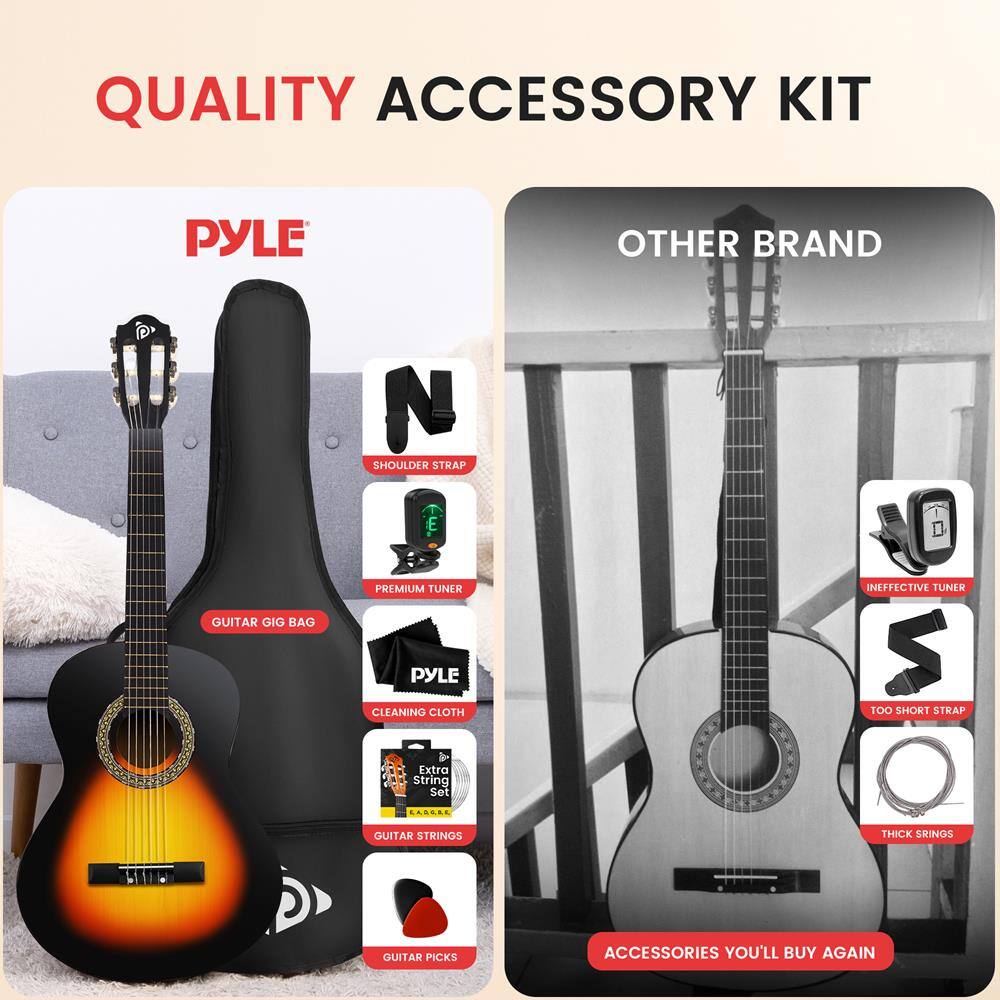 QUALITY ACCESSORY KIT

PYLE

- GUITAR GIG BAG
- SHOULDER STRAP
- PREMIUM TUNER
- CLEANING CLOTH
- EXTRA STRING SET
- GUITAR STRINGS
- GUITAR PICKS

OTHER BRAND

- INEFFECTIVE TUNER
- TOO SHORT STRAP
- THICK STRINGS

ACCESSORIES YOU'LL BUY AGAIN