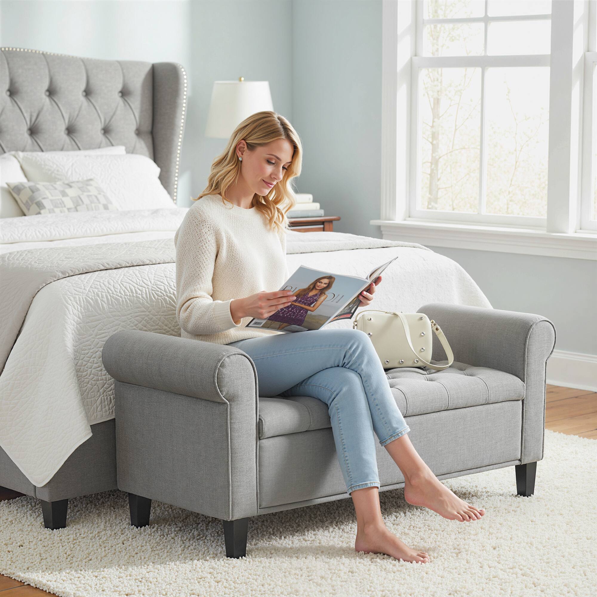 Alt View 7. Homcom - Inches Storage Ottoman, End of Bed Bench with Rolled Arms, Wood Legs - Cream White.