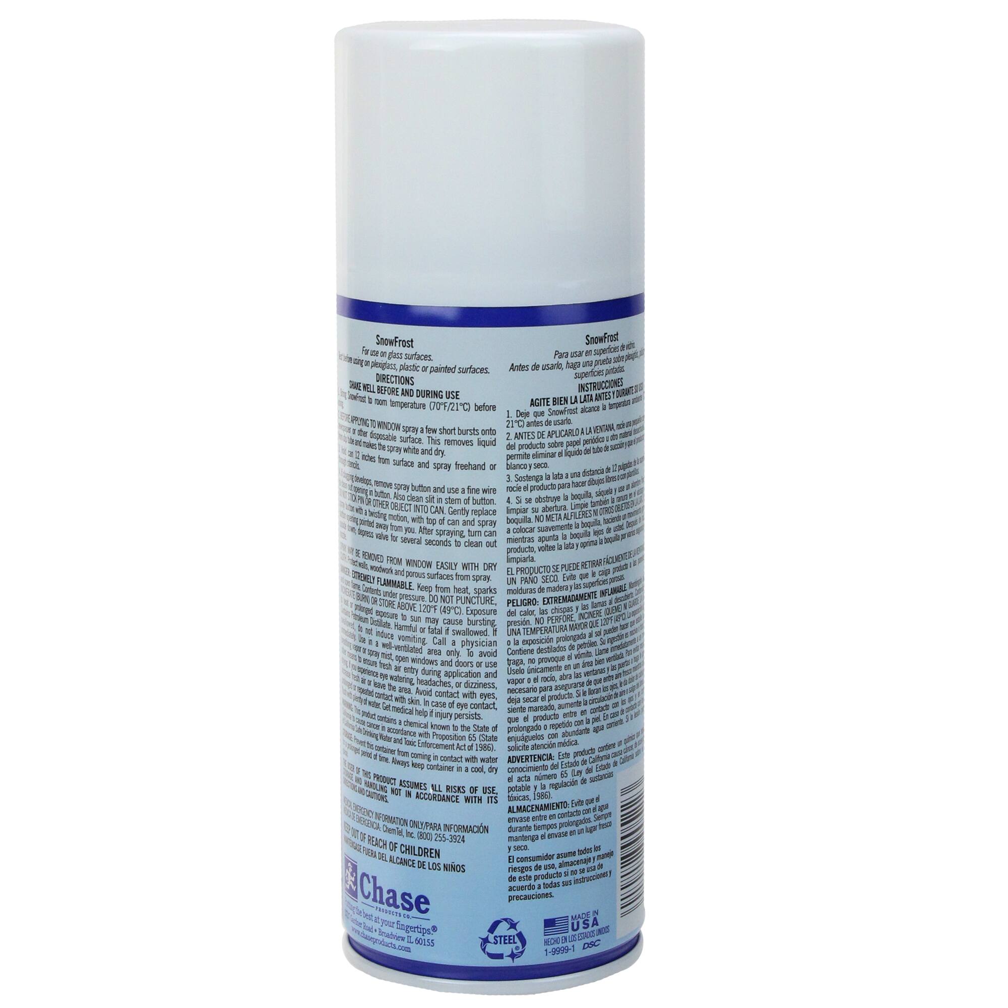 **SnowFrost**

**For use on glass surfaces.**

**SnowFrost** is a clear, non-toxic, non-stick, non-abrasive, water-based spray that creates a frosty effect on glass surfaces. It is ideal for use on windows, mirrors, and other glass surfaces.

**DIRECTIONS FOR USE:**

1. **Before use**, shake can well.
2. **Spray** a light, even coat onto glass surface.
3. **Wipe** with a clean, dry cloth or paper towel.
4. **Repeat** as needed.

**CAUTION:**

- Keep out of reach of children.
- Do not spray in eyes.
- Do not puncture or incinerate can.
- Do not store at temperatures above 120°F (49°C).
- Do not use near heat, sparks, or open flame.

**INSTRUCTIONS:**

1. **Before use**, shake can well.
2. **Spray** a light, even coat onto glass surface.
3. **Wipe** with a clean, dry cloth or paper towel.
4. **Repeat** as needed.

**ADVERTENCIA:**

- Mantenga fuera del alcance de los niños.
- No ro