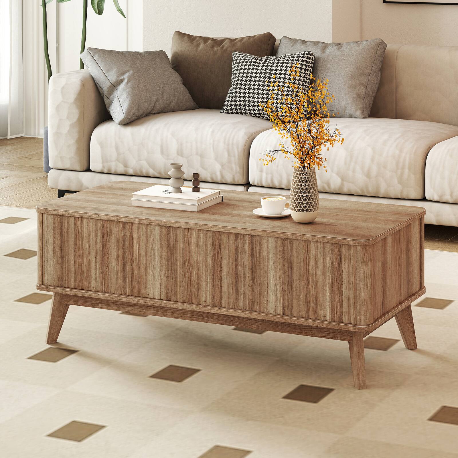 Alt View 4. Gymax - Gymax 43.5'' Fluted Lift Top Coffee Table w/Lift Tabletop Hidden Compartments for Home - Brown.