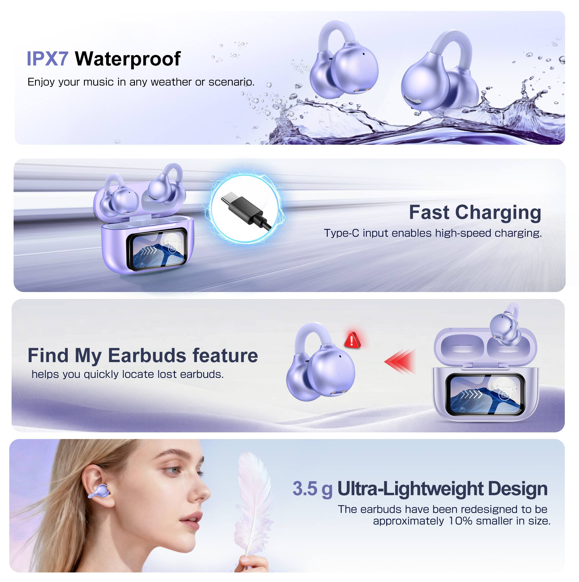 IPX7 Waterproof  
Enjoy your music in any weather or scenario.  

Fast Charging  
Type-C input enables high-speed charging.  

Find My Earbuds feature  
helps you quickly locate lost earbuds.  

3.5 g Ultra-Lightweight Design  
The earbuds have been redesigned to be approximately 10% smaller in size.