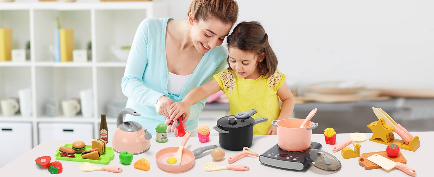 Alt View 4. CUTE STONE - CUTE STONE Play Kitchen Accessories Set, Kids Cooking Toys Set with Play Pots and Pans, Electronic Induction Cooktop wit.