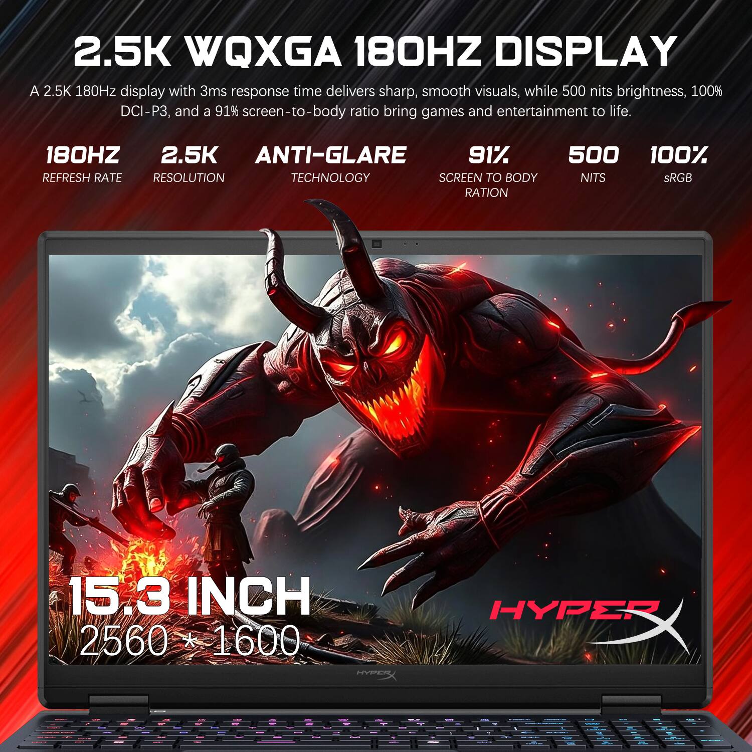 2.5K WQXGA 180HZ DISPLAY  
A 2.5K 180Hz display with 3ms response time delivers sharp, smooth visuals, while 500 nits brightness, 100% DCI-P3, and a 91% screen-to-body ratio bring games and entertainment to life.

180HZ  
2.5K  
ANTI-GLARE  
91%  
500  
100%  

REFRESH RATE  
RESOLUTION  
TECHNOLOGY  
SCREEN TO BODY RATION  
NITS  
SRGB  

15.3 INCH  
2560 x 1600  

HYPER