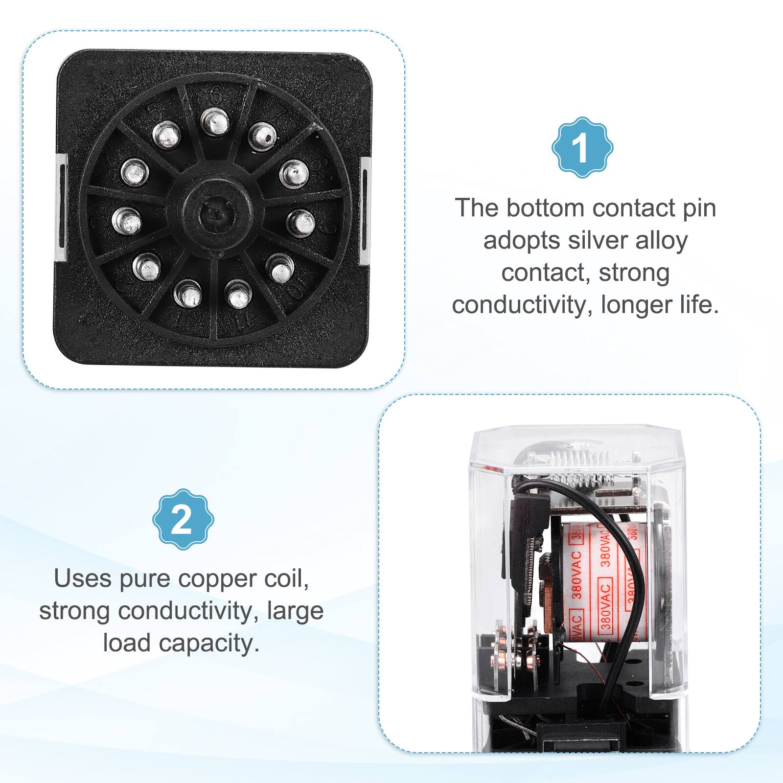 1. The bottom contact pin adopts silver alloy contact, strong conductivity, longer life.
2. Uses pure copper coil, strong conductivity, large load capacity.
3. 380VAC 380VAC 380VAC TA1080