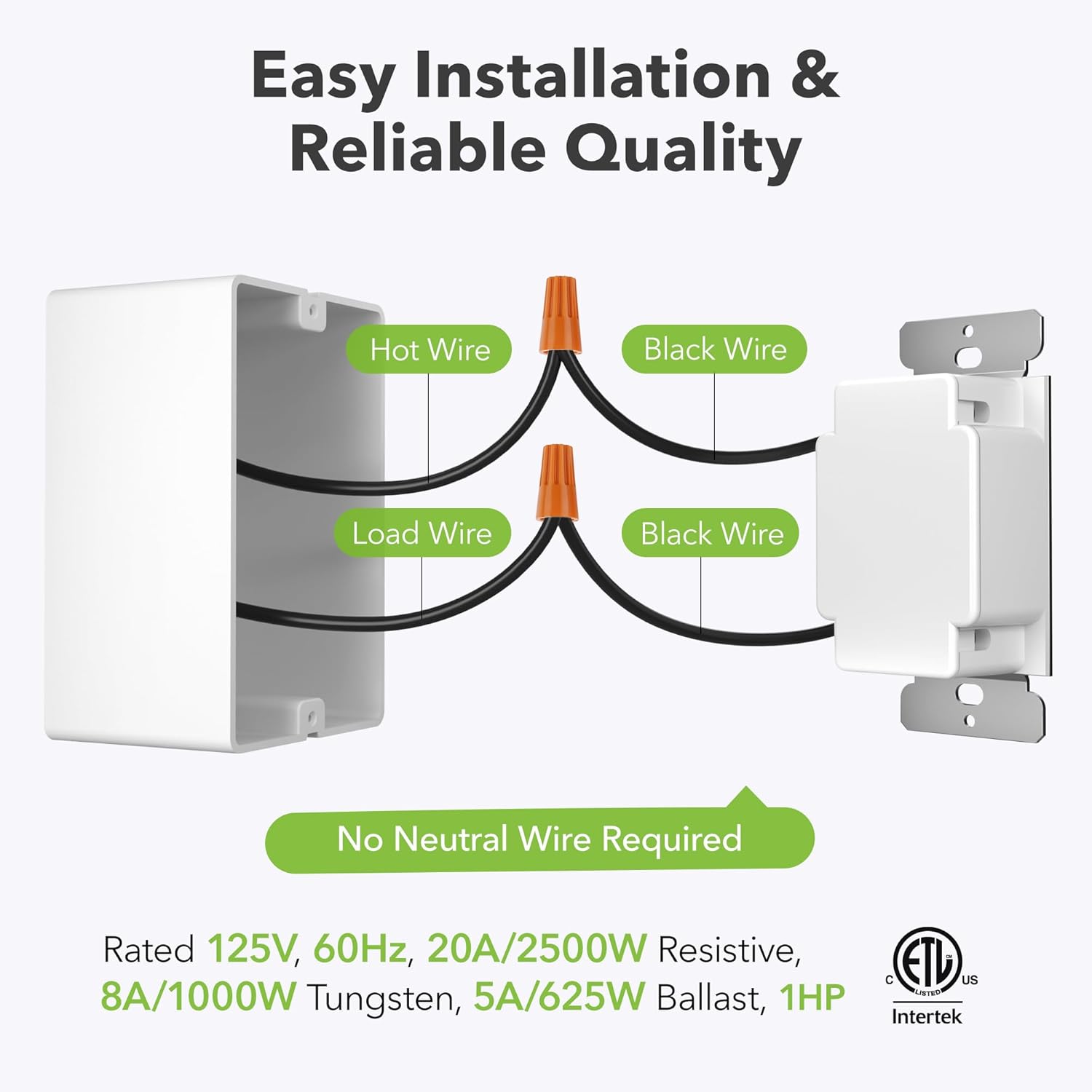 Easy Installation & Reliable Quality

- Hot Wire
- Load Wire
- Black Wire
- Black Wire

No Neutral Wire Required

Rated 125V, 60Hz, 20A/2500W Resistive, 8A/1000W Tungsten, 5A/625W Ballast, 1HP

ETL Listed
Intertek