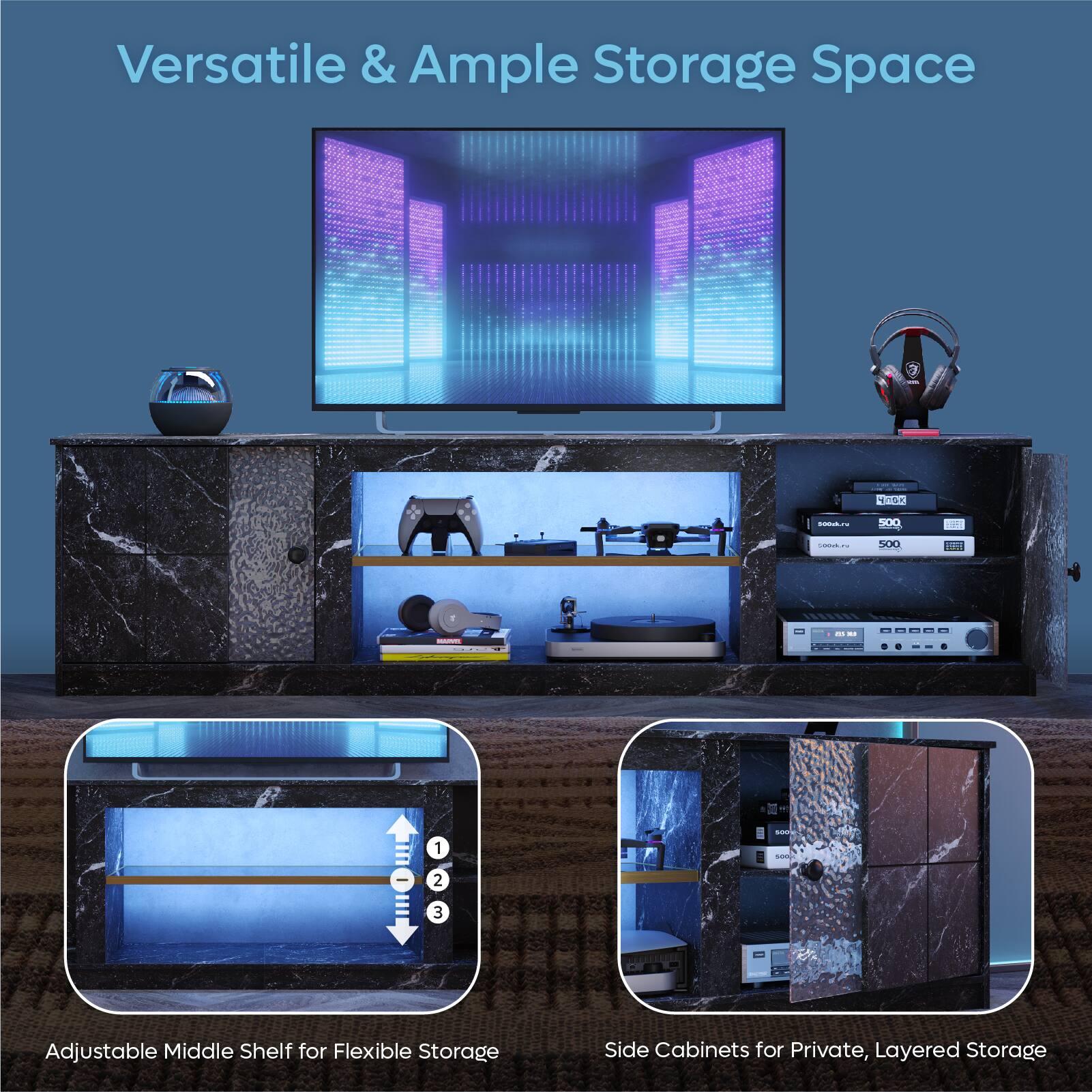 Versatile & Ample Storage Space - Adjustable Middle Shelf for Flexible Storage & Side Cabinets for Private, Layered Storage.