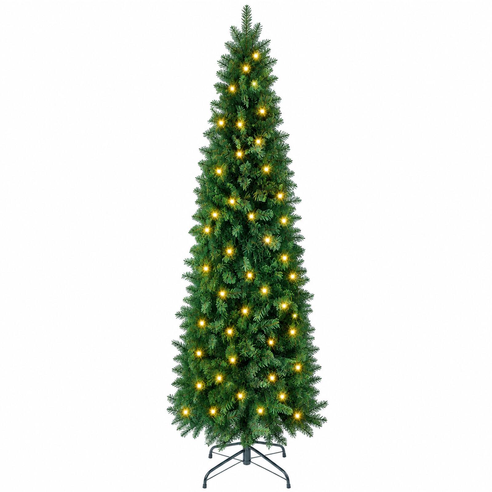 Front. Sweetcrispy - Pre-lit Slim Artificial Christmas Tree with LED Lights 8 Light Modes - Green.