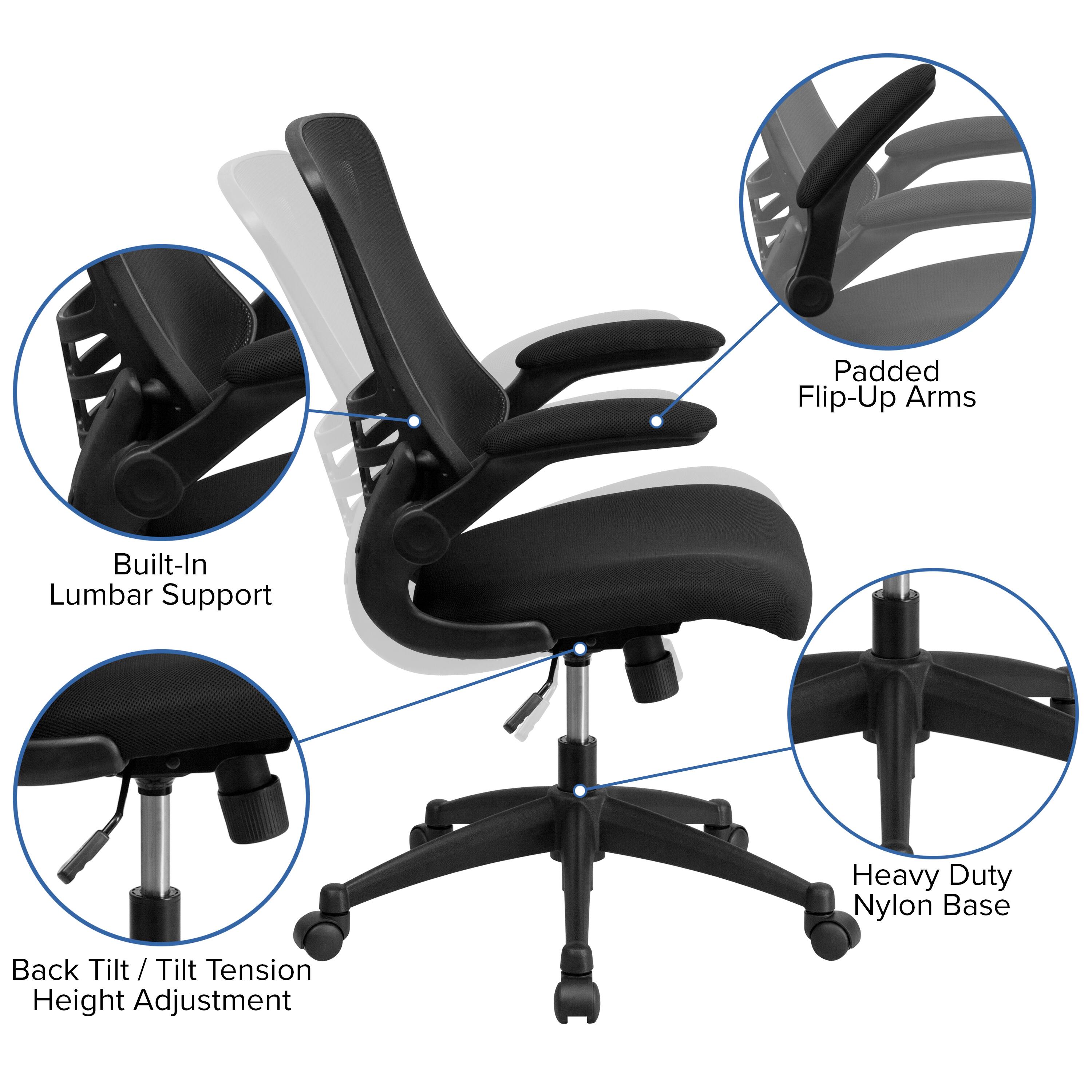 Padded Flip-Up Arms  
Built-In Lumbar Support  
Heavy Duty Nylon Base  
Back Tilt / Tilt Tension Height Adjustment