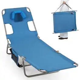 Costway - Patio Tanning Chair,Folding Beach Lounge Chair with 5-Position Adjustable Backrest - Blue