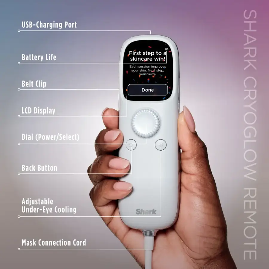 The text on the image is grouped and corrected as follows:

1. USB-Charging Port
2. Battery Life
3. Belt Clip
4. LCD Display
5. Dial (Power/Select)
6. Back Button
7. Adjustable Under-Eye Cooling Mask
8. Connection Cord
9. First step to a skincare win! Each session improves your skin.
10. Next step, moisturize
11. Done
12. Shark
13. Cryoglow Remote