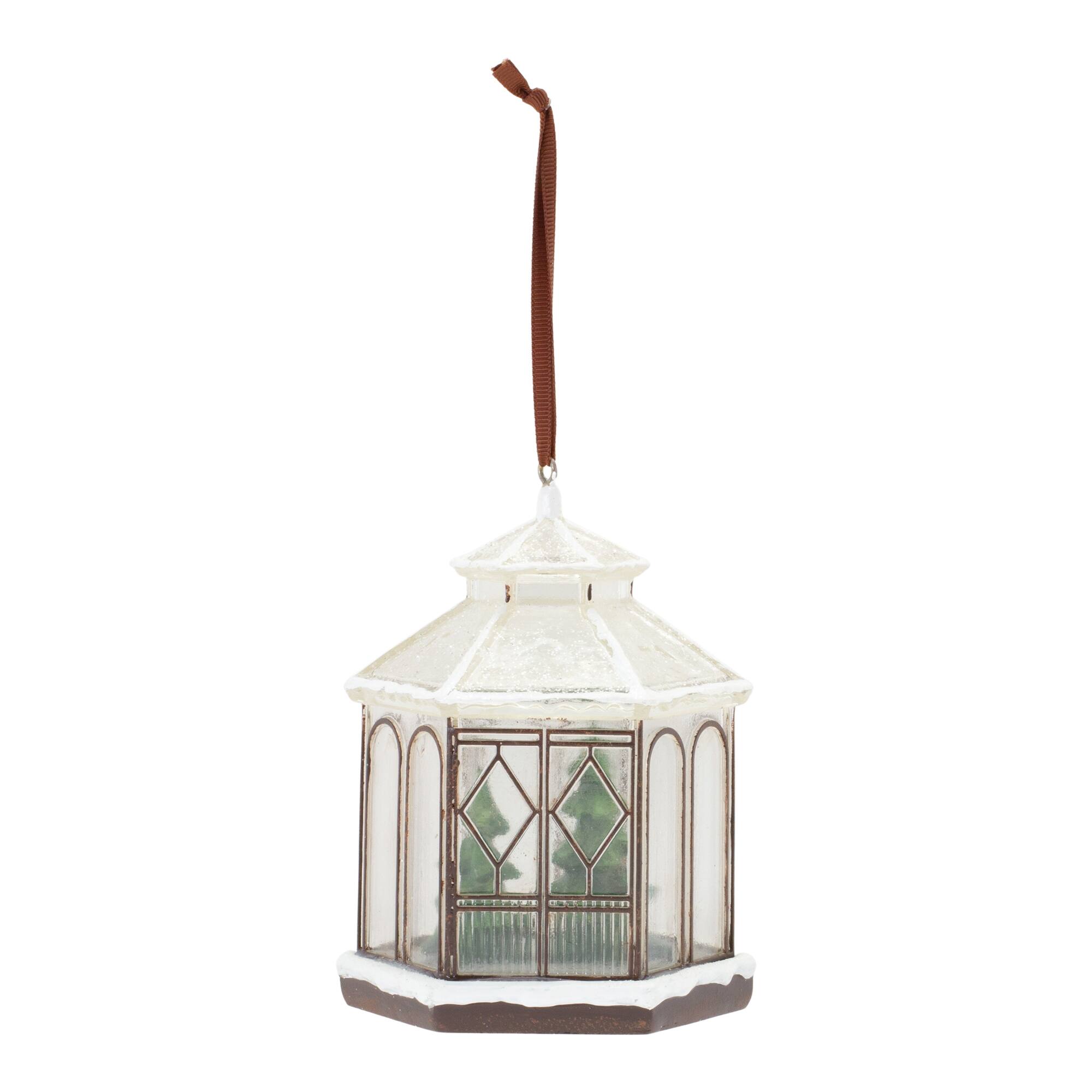 Angle. BreeBe - Winter Gazebo Ornament (Set of 4) - Brown, White, Green.
