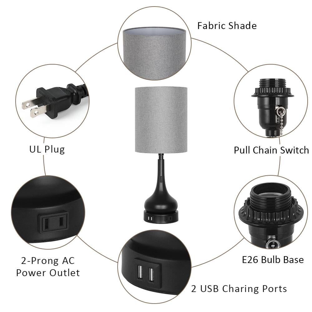 Fabric Shade  
UL Plug  
Pull Chain Switch  
2-Prong AC Power Outlet  
E26 Bulb Base  
2 USB Charging Ports
