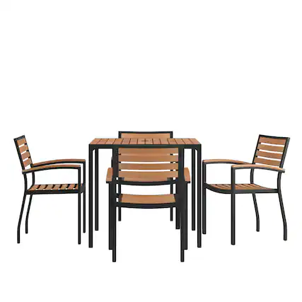 Front. Emma + Oliver - Indoor/Outdoor Faux Teak Table-Umbrella Hole-4 Club Chairs - Teak.