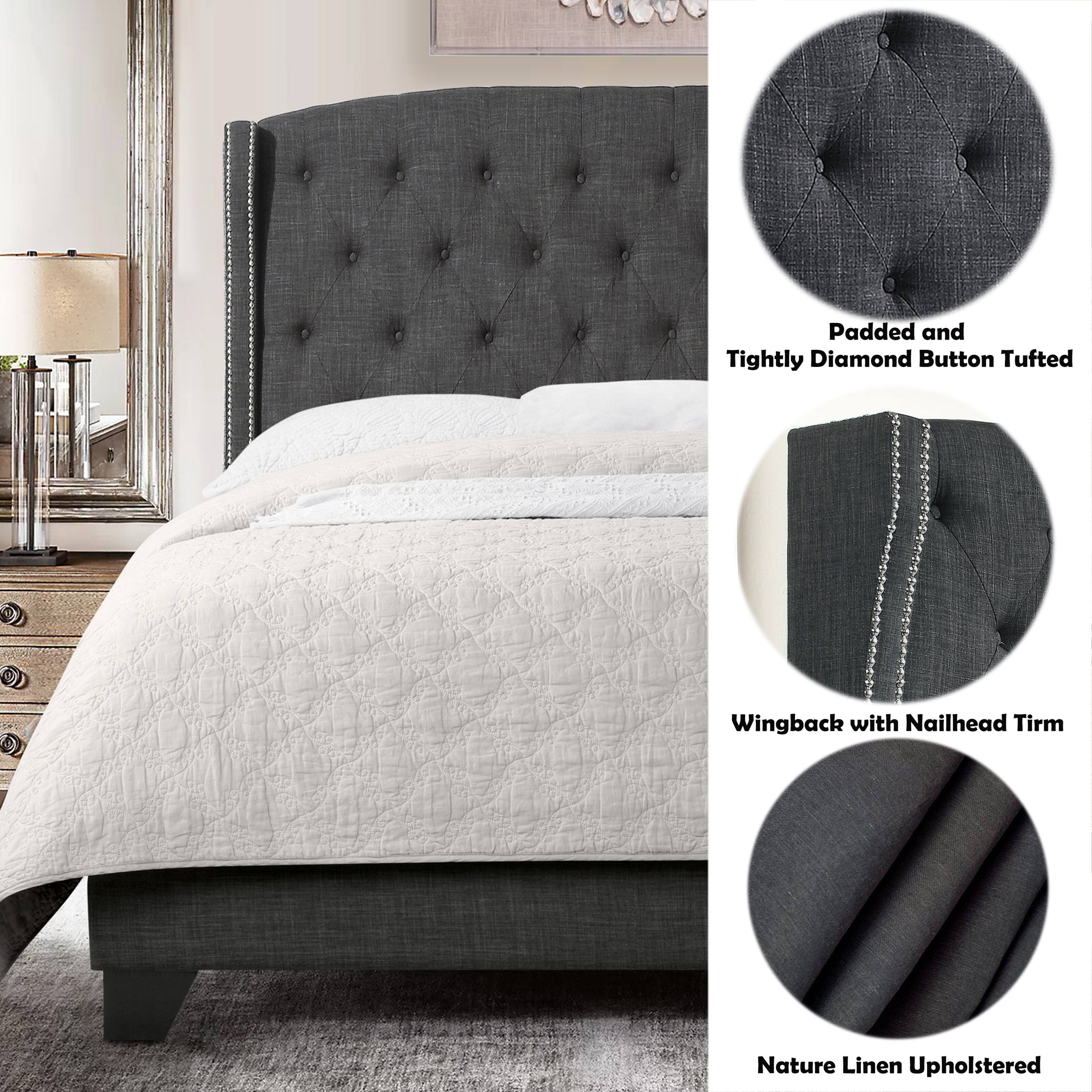 Padded and Tightly Diamond Button Tufted  
Wingback with Nailhead Trim  
Nature Linen Upholstered