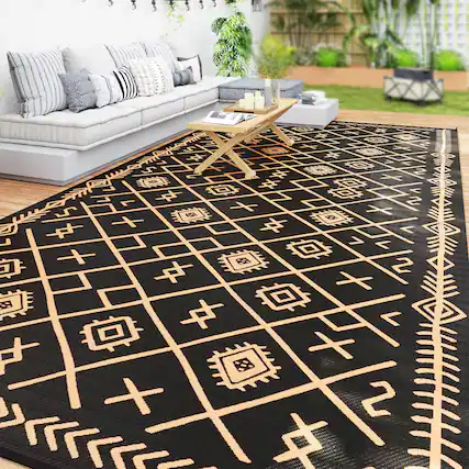 Front. Outsunny - Reversible Outdoor Rug, 9' x 18' Waterproof Plastic Straw Floor Mat, Portable RV Camping Carpet, Large Floor Mat - Black and Brown Rhombus.