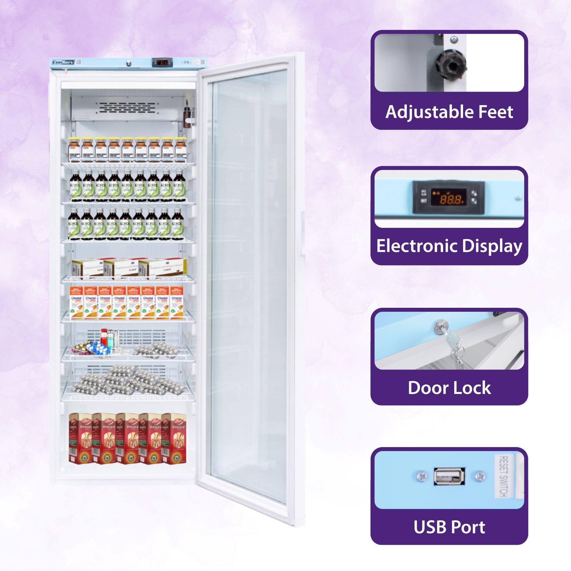 - Adjustable Feet
- Electronic Display
- Door Lock
- USB Port