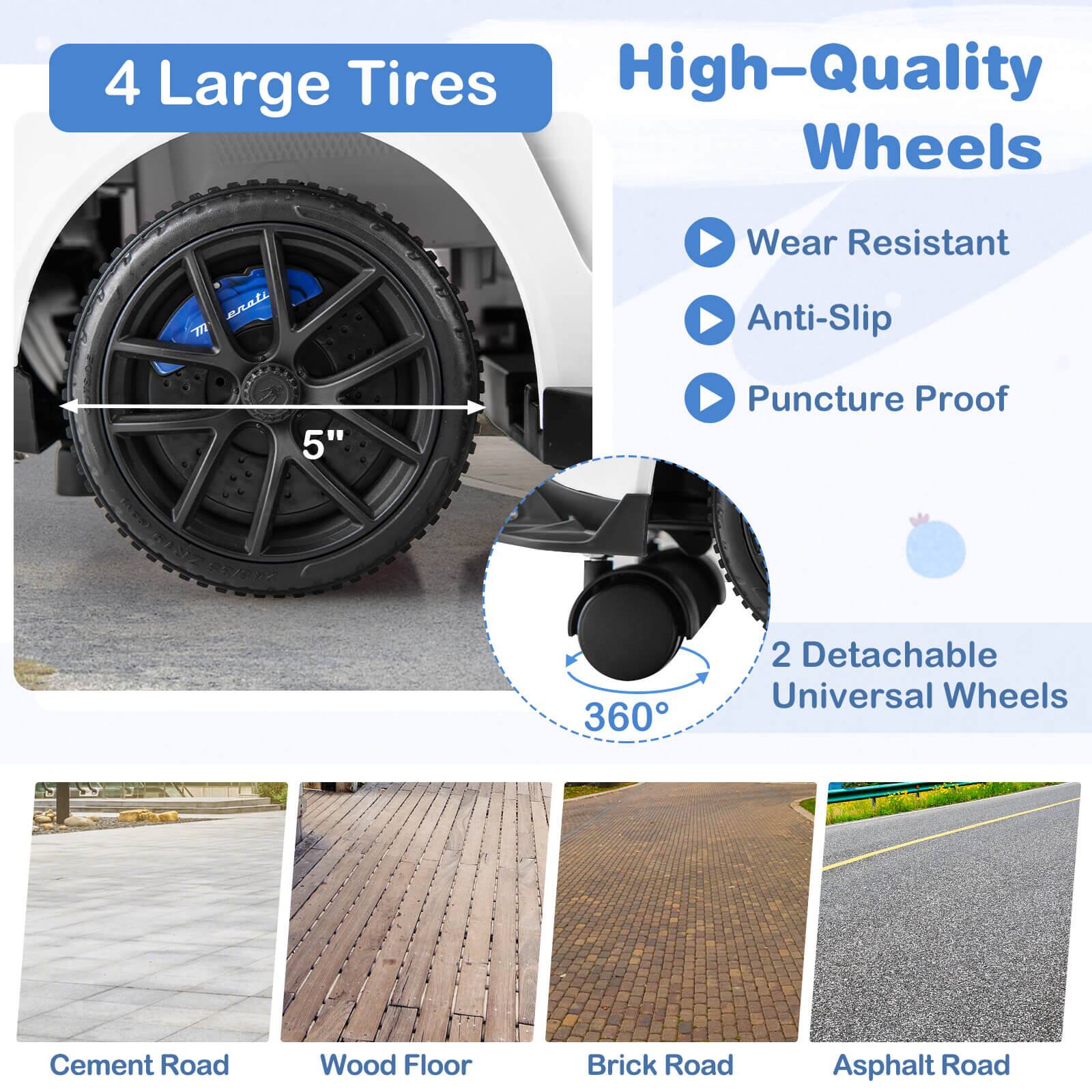 4 Large Tires  
High-Quality Wheels  
Wear Resistant  
Anti-Slip  
Puncture Proof  
2 Detachable Universal Wheels  
360°  
Cement Road  
Wood Floor  
Brick Road  
Asphalt Road