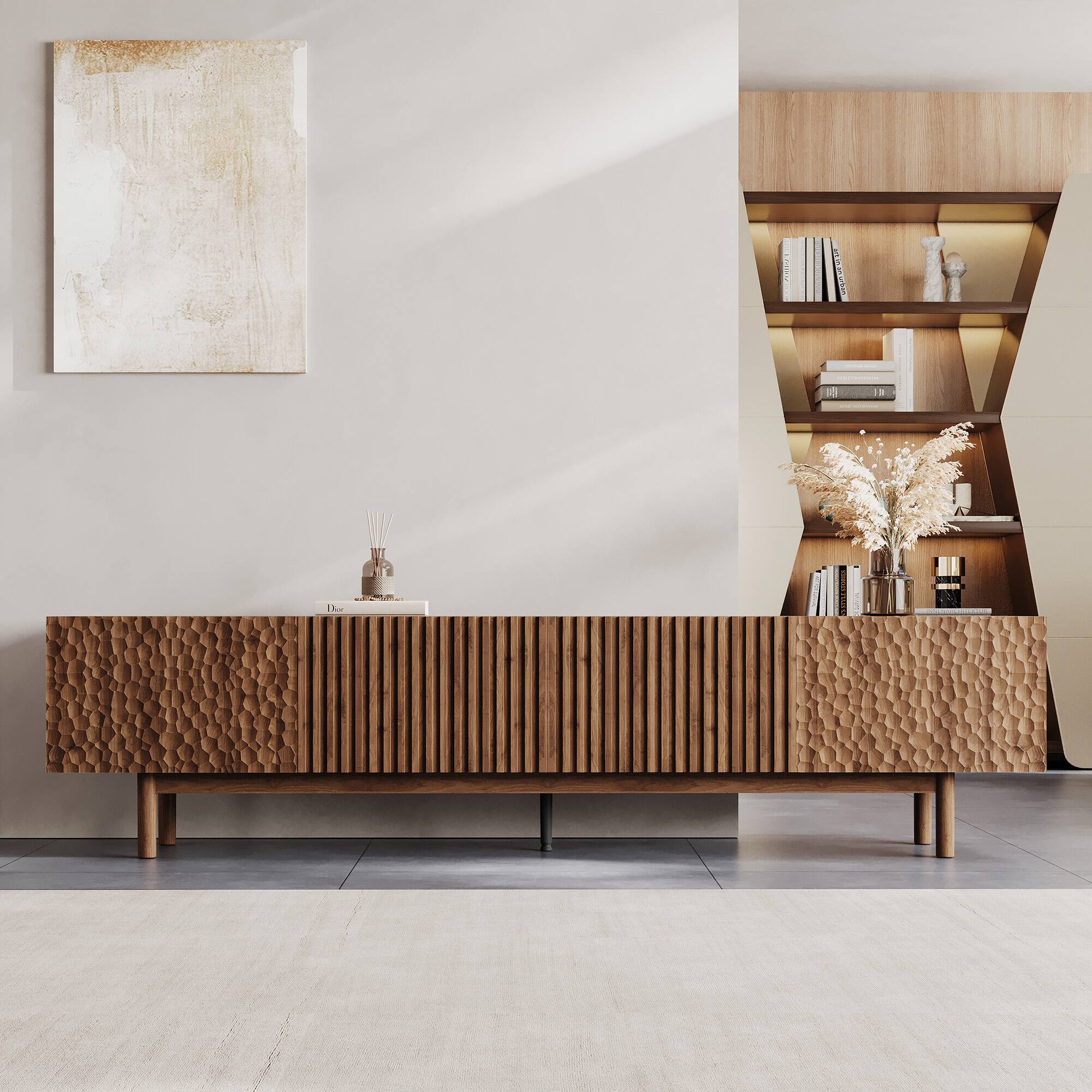 Angle. luck idea - 86.61" TV Stand and Media Console & Entertainment Centers with Large Storage Space - Walnut Color.