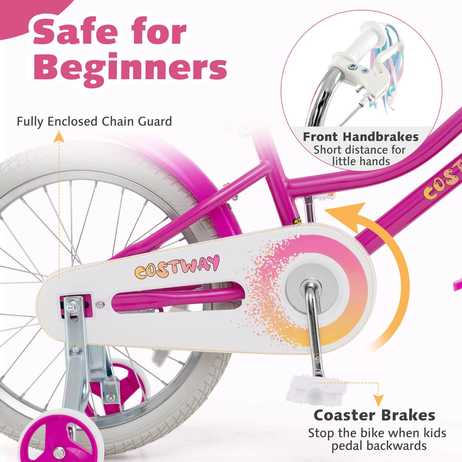 Safe for Beginners

Fully Enclosed Chain Guard

Front Handbrakes
Short distance for little hands

Coaster Brakes
Stop the bike when kids pedal backwards