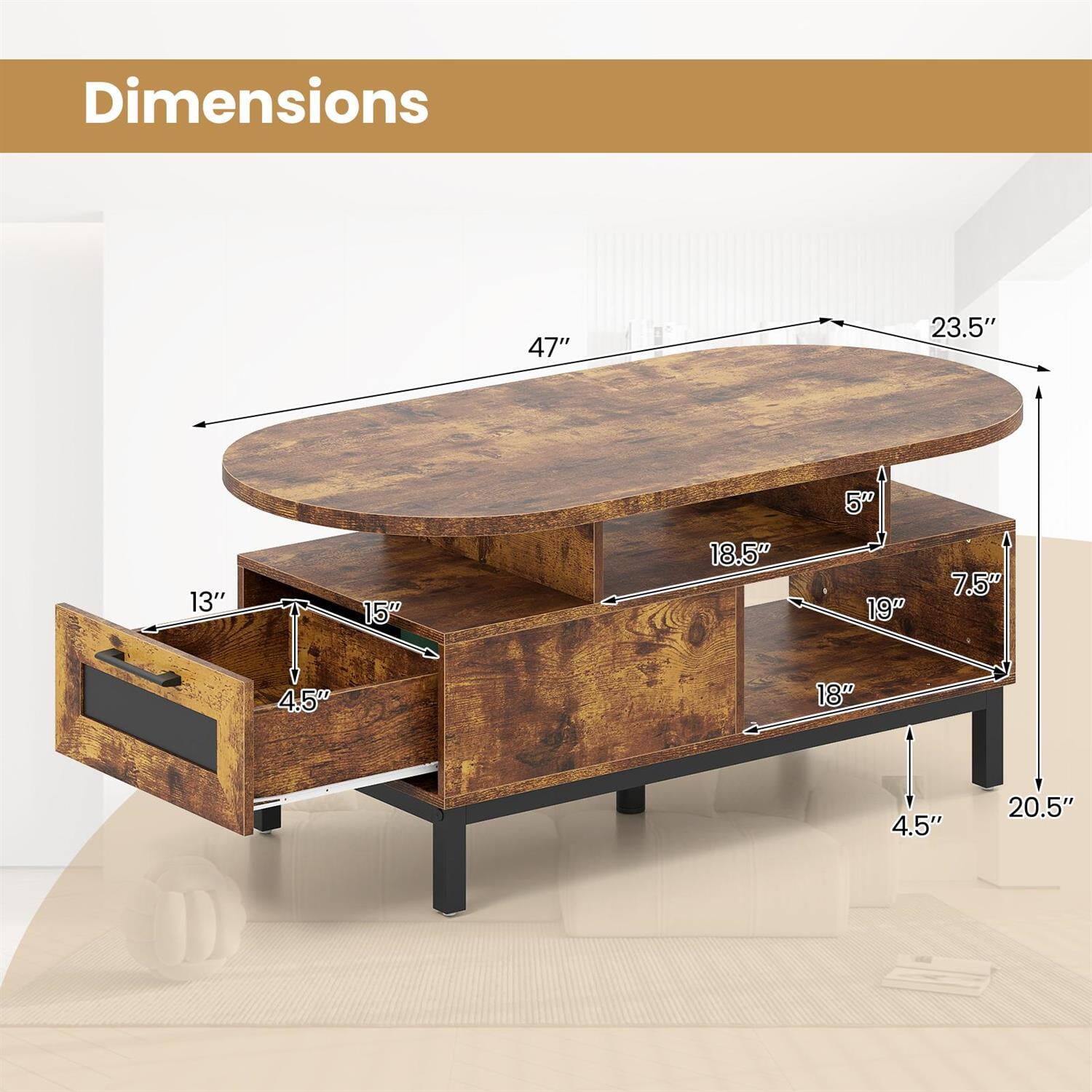 Dimensions: 47" x 23.5" x 5" x 13" x 15" x 18.5" x 19" x 7.5" x 4.5" x 18" x 4.5" x 20.5"