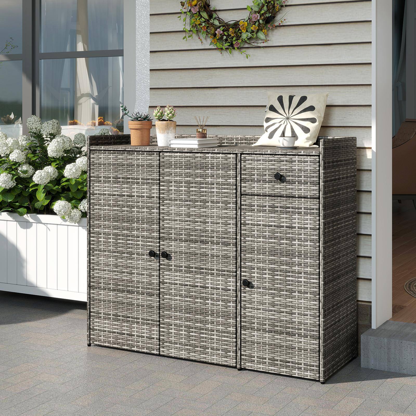 Alt View 4. Costway - Costway Outdoor PE Wicker Storage Cabinet with 3 Doors Adjustable Shelves and Drawer - Mix Gray.