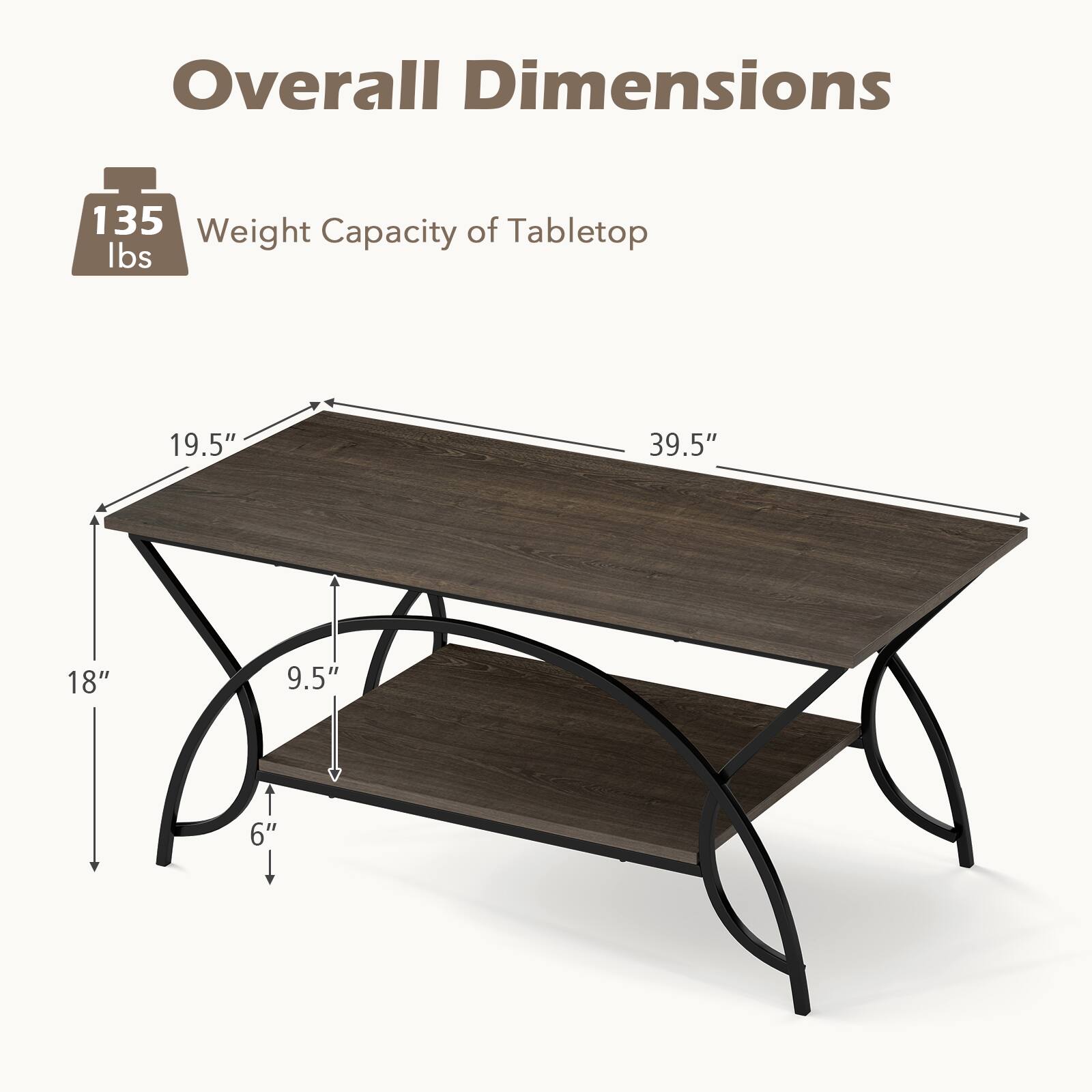 Overall Dimensions

Weight Capacity of Tabletop: 135 lbs

19.5" x 39.5" x 18" x 9.5" x 6"
