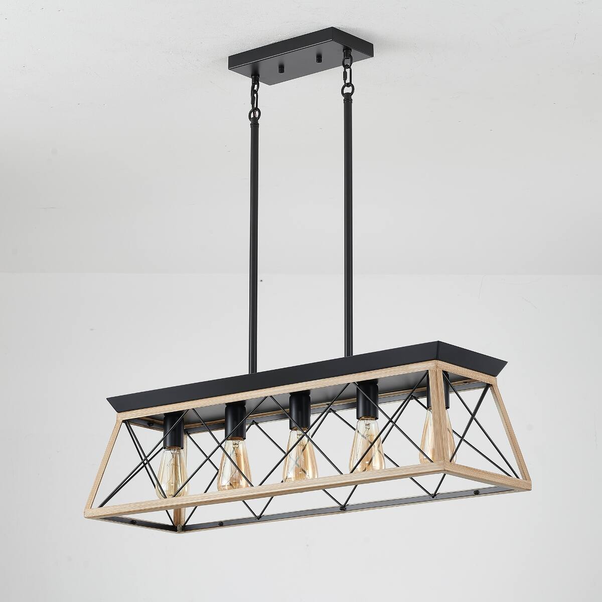 Alt View 7. Loheer - Loheer 5 Light Farmhouse Chandelier Rustic Wood and Metal Rectangular Dining Room Pendant.