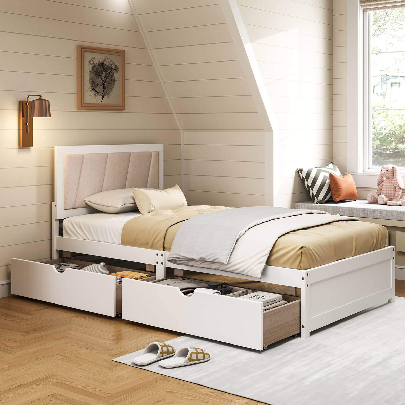 Alt View 2. Costway - Costway Twin Size Bed Frame with 2 Storage Drawers Upholstered Headboard Wood Structure - White,Beige.