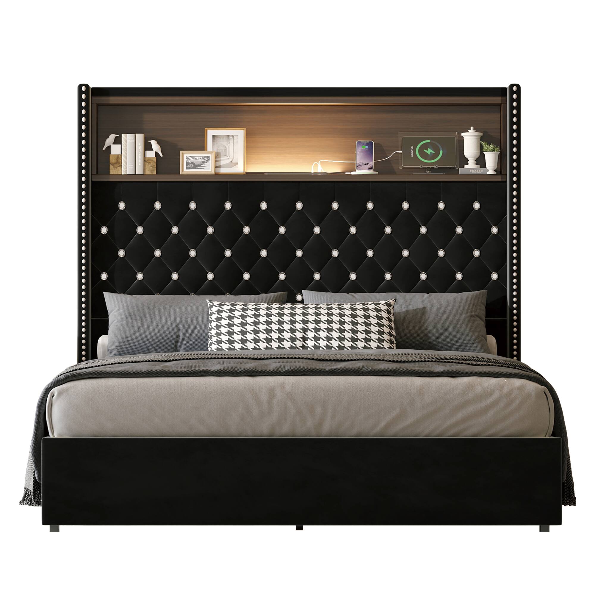Alt View 5. GOODSILO - Luxurious Velvet Tufted Bed Frame with USB Port and Night Light, High Headboard Platform Bed - Black.