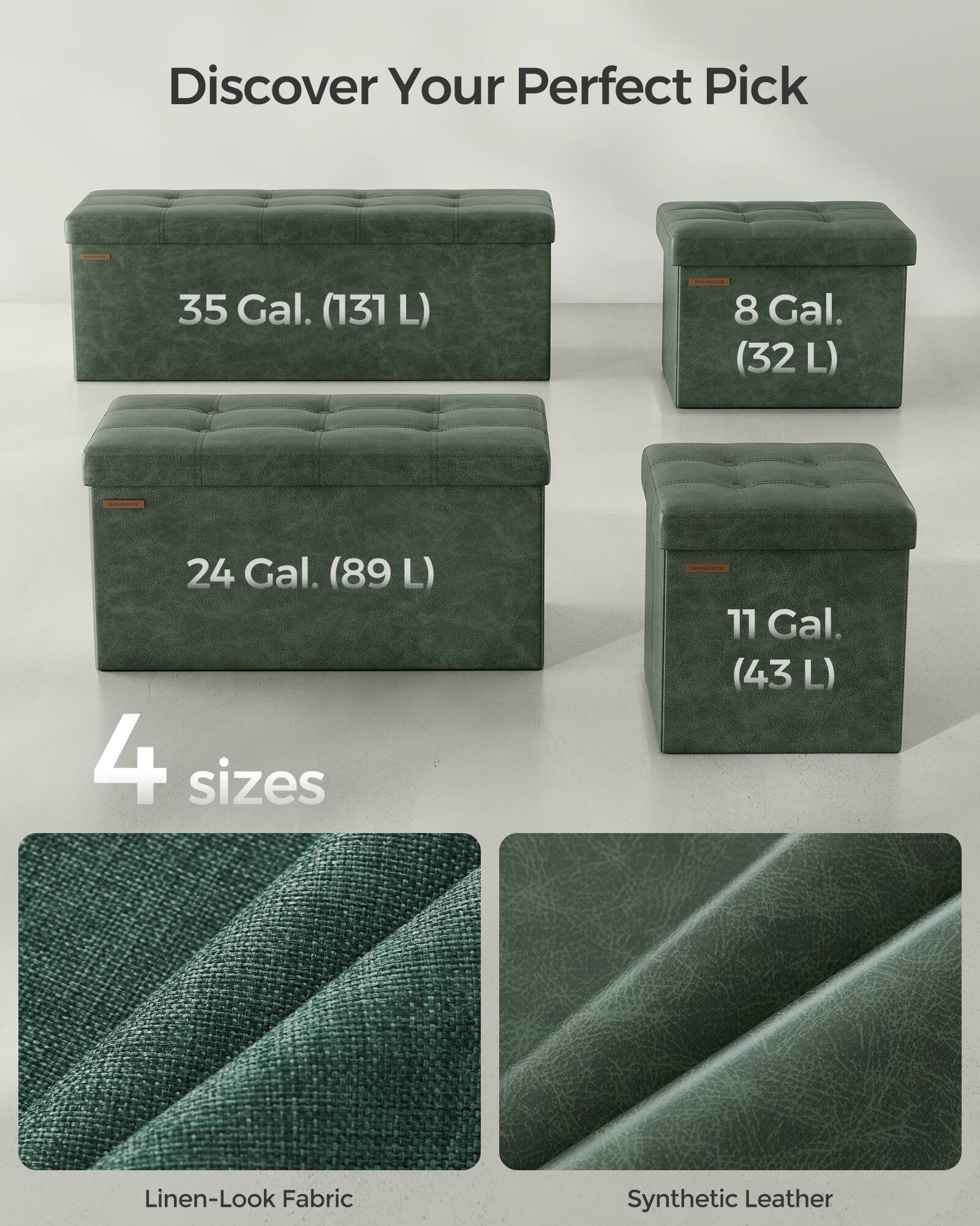 Discover Your Perfect Pick

35 Gal. (131 L)

8 Gal. (32 L)

24 Gal. (89 L)

11 Gal. (43 L)

4 sizes

Linen-Look Fabric

Synthetic Leather