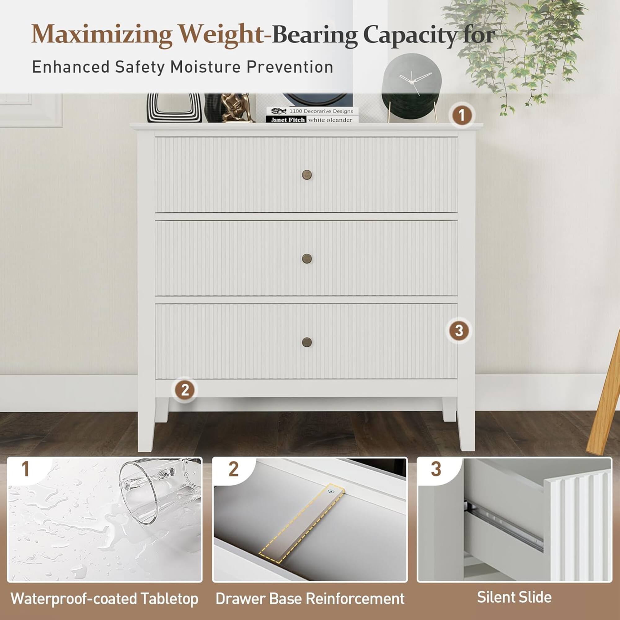 Maximizing Weight-Bearing Capacity for Enhanced Safety Moisture Prevention

1. Waterproof-coated Tabletop
2. Drawer Base Reinforcement
3. Silent Slide