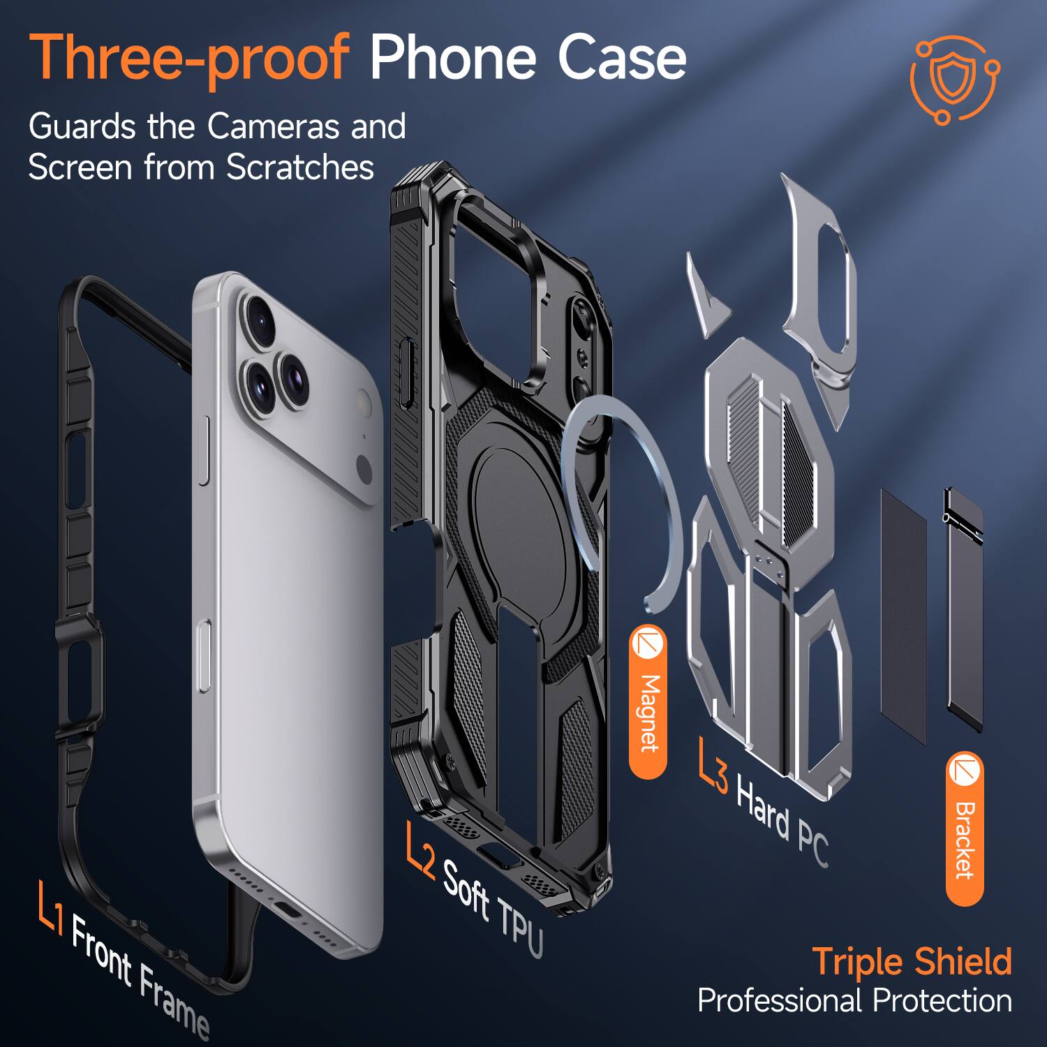 Three-proof Phone Case Guards the Cameras and Screen from Scratches

L1 Front Frame
L2 Soft TPU
L3 Hard Bracket PC

Triple Shield
Professional Protection