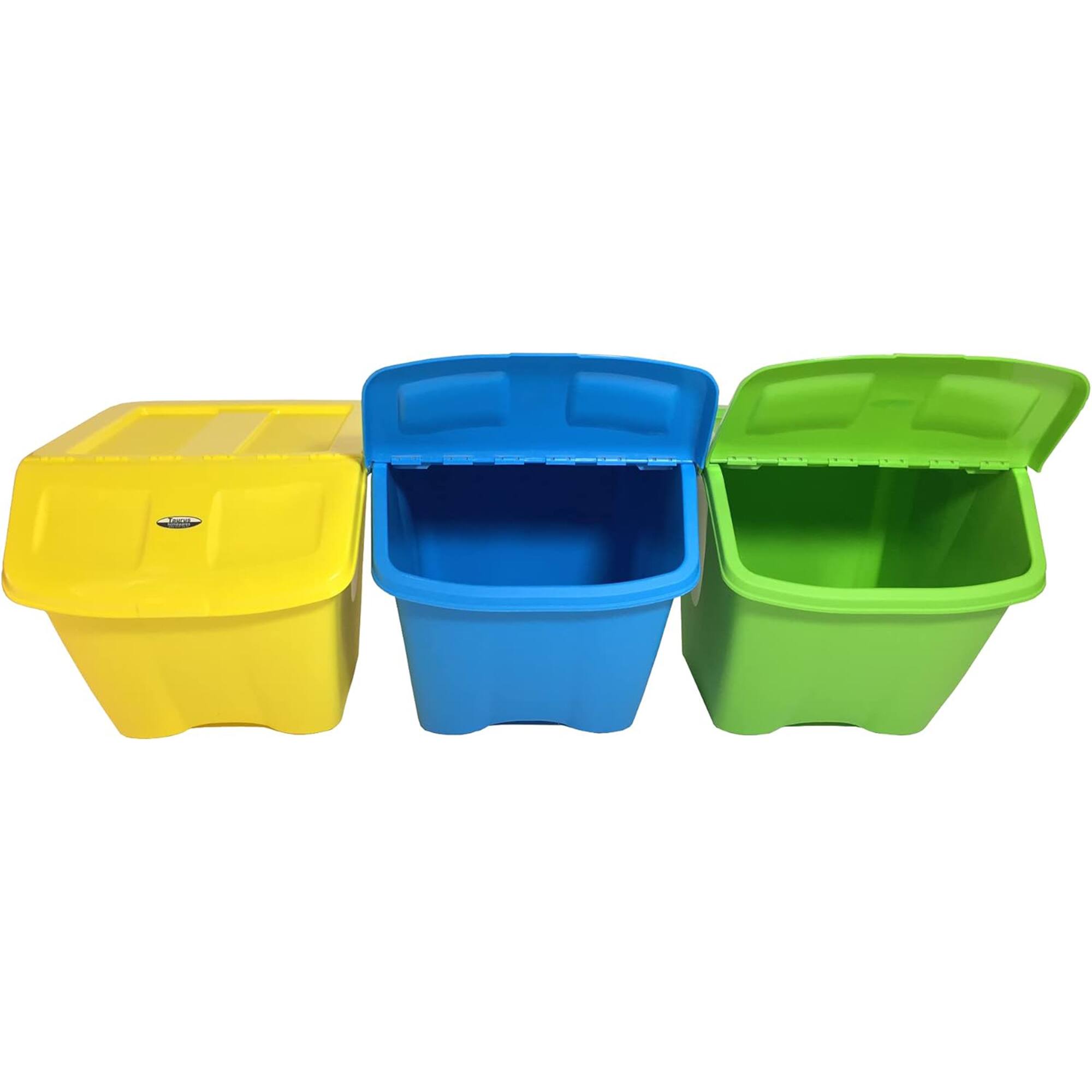 Front. Redmon - Redmon 10-Gal Stackable Shutter Bins, 3-Piece Recycling Storage Set, Multi-Color - Multicolor.