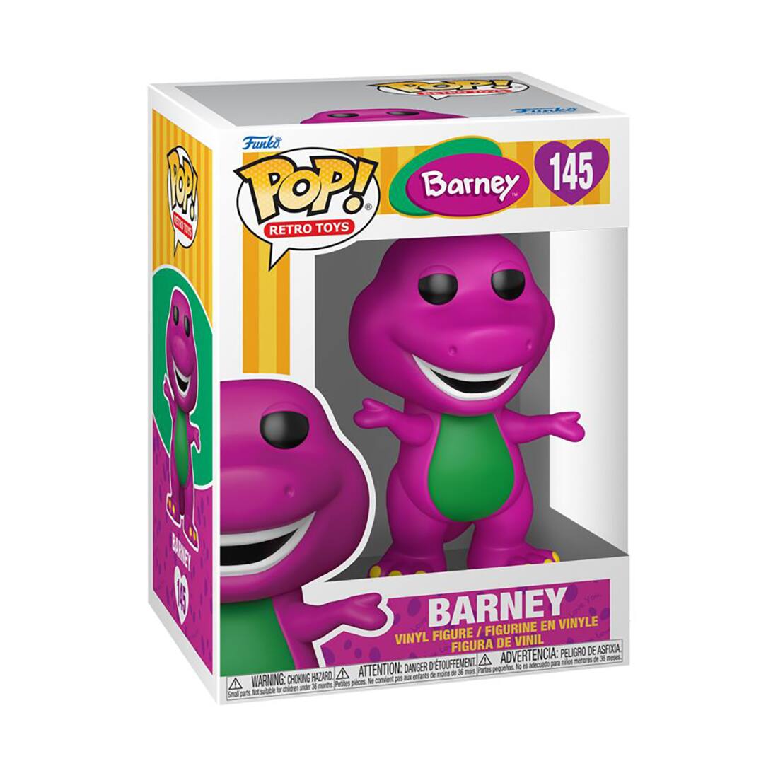 FER FIRLA Funko 1 Barney 145 E POP! RETRO TOYS BAEY BARNEY EN VINLE FIGURE / FIGURINE VINYL DE VINIL FIGURA PELIGRO DE ASFOCA ADVERTENCIA: N neres a 3 mes ATTENTION: DANGER D'TOUFFEMENT Pates pequerias  . aCu pa A - a  nos HAZARO afet a WARNING: CHOKING Petias - piev vor 3 monis  Smal