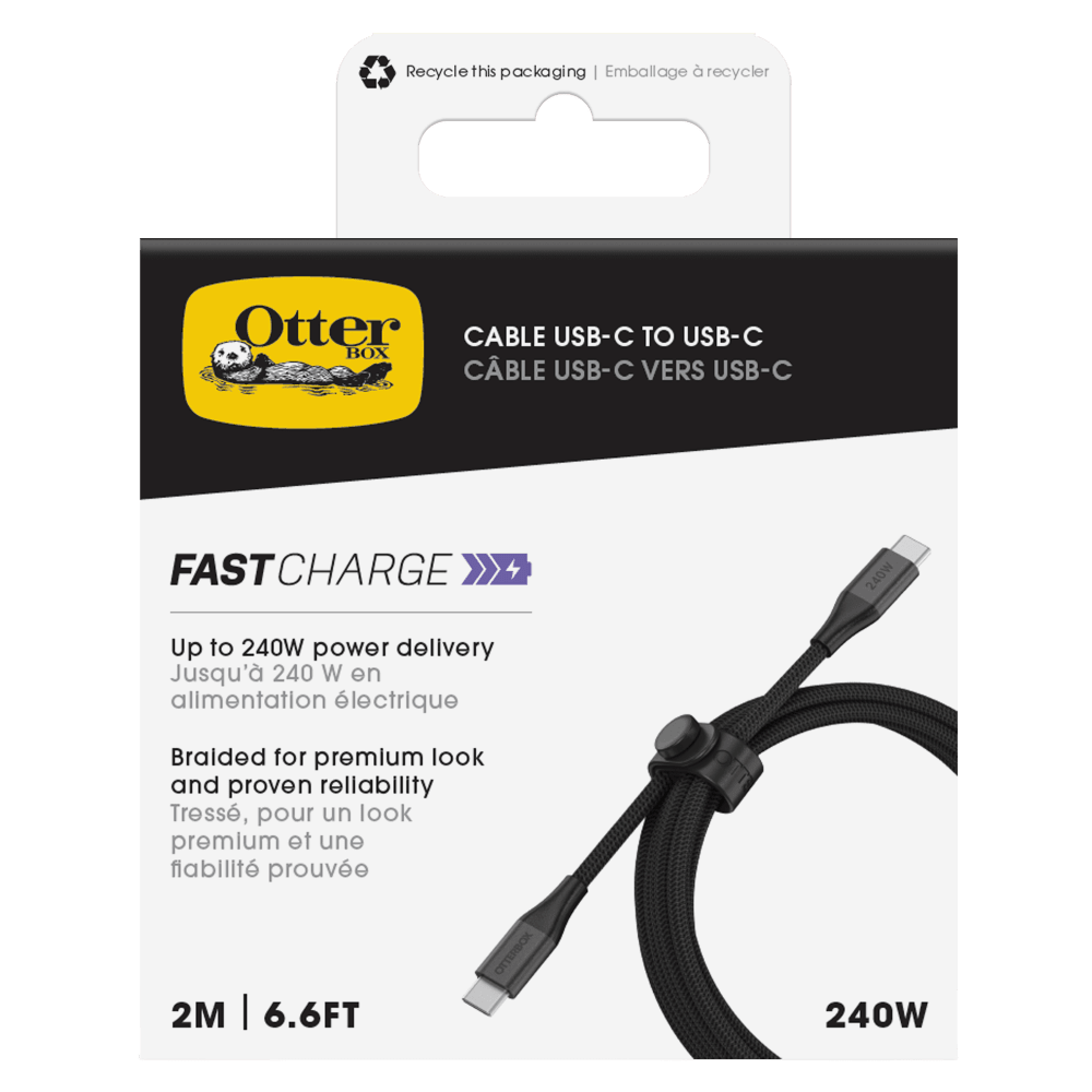 Recycle this packaging | Emballage à recycler

Otter BOX
CABLE USB-C TO USB-C
CÂBLE USB-C VERS USB-C

FASTCHARGE
Up to 240W power delivery
Jusqu'à 240 W en alimentation électrique

Braided for premium look and proven reliability
Tressé, pour un look premium et une fiabilité prouvée

2M | 6.6FT
240W