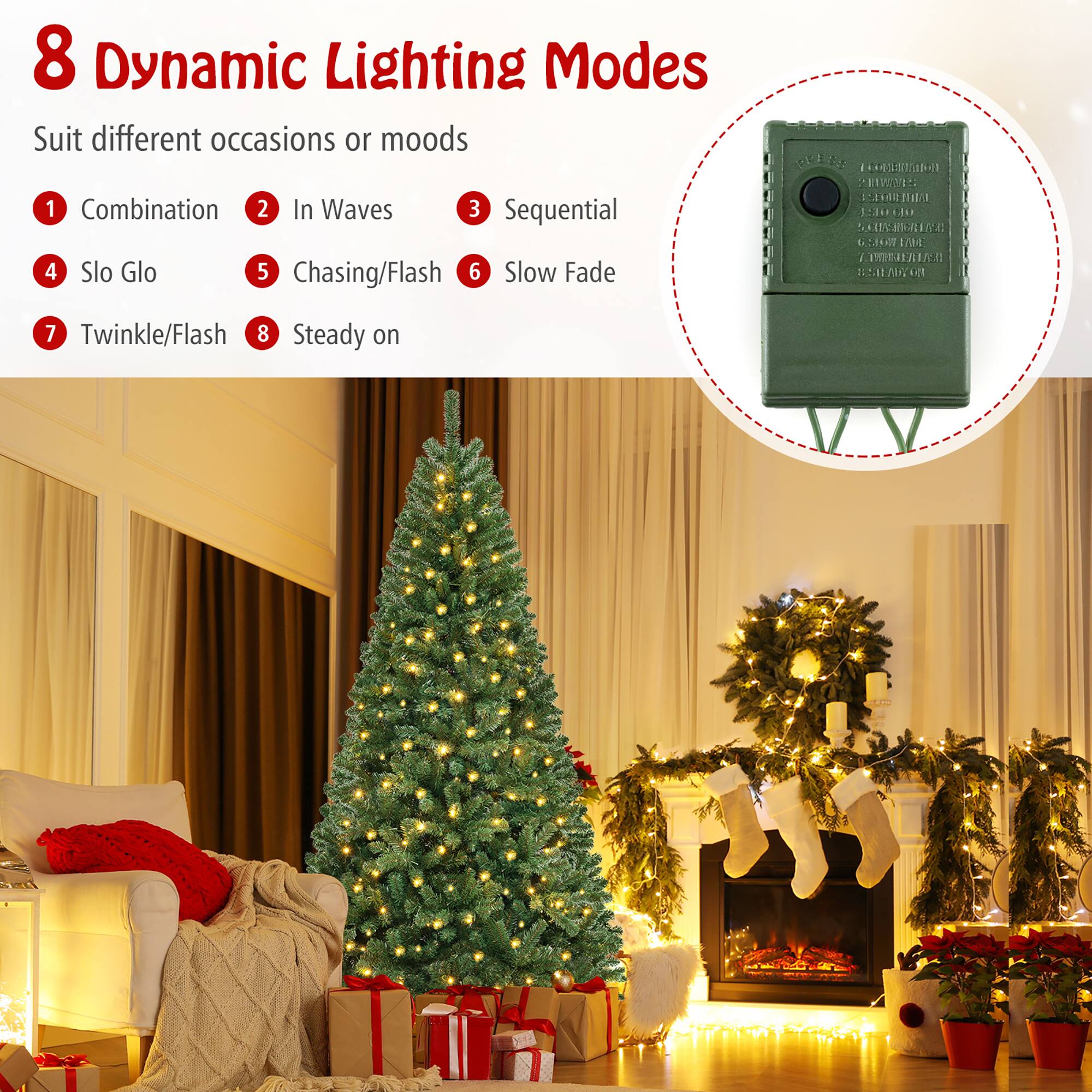 8 Dynamic Lighting Modes  
Suit different occasions or moods  

1. Combination  
2. In Waves  
3. Sequential  
4. Slo Glo  
5. Chasing/Flash  
6. Slow Fade  
7. Twinkle/Flash  
8. Steady on  

CAR 1 1:34 sa L 20A II d 1786 I I RIZINN Is