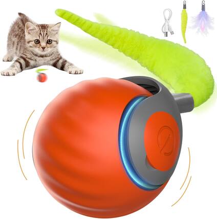Front. Auledio - Interactive Cat Toy, Automatic Cat Tail Toy, Electric Rolling Ball for Carpet, Perfect for Bored Indoor Cats, Orange - Orange.
