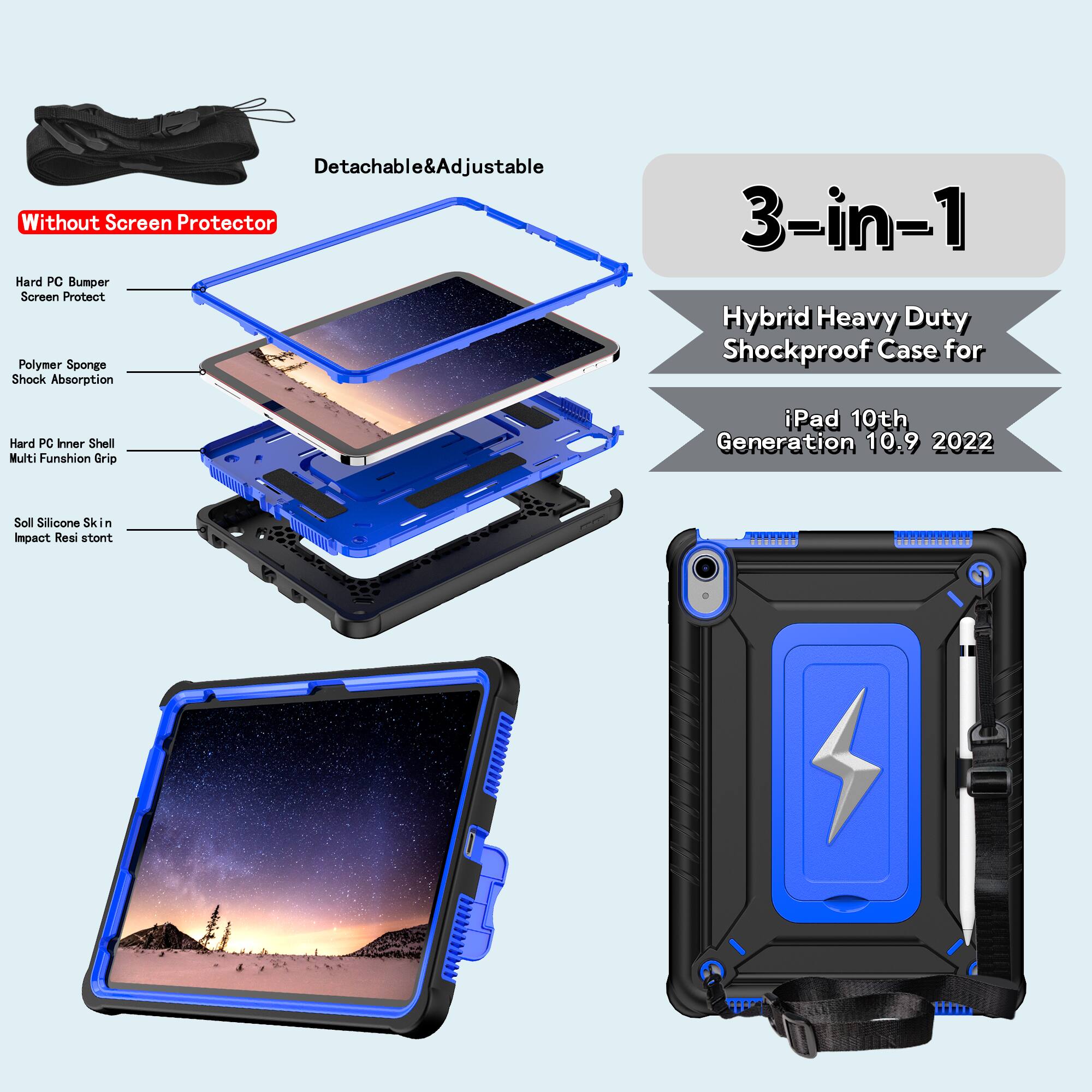 Detachable & Adjustable Without Screen Protector Hard PG Bumper Screen Protect Polymer Sponge Shock Absorption 3-in-1 Hybrid Heavy Duty Shockproof Case for Hard PG Inner Shell Multi Function Grip iPad 10th Generation 10.9 2022 Soll Silicone Skin Impact Resistant