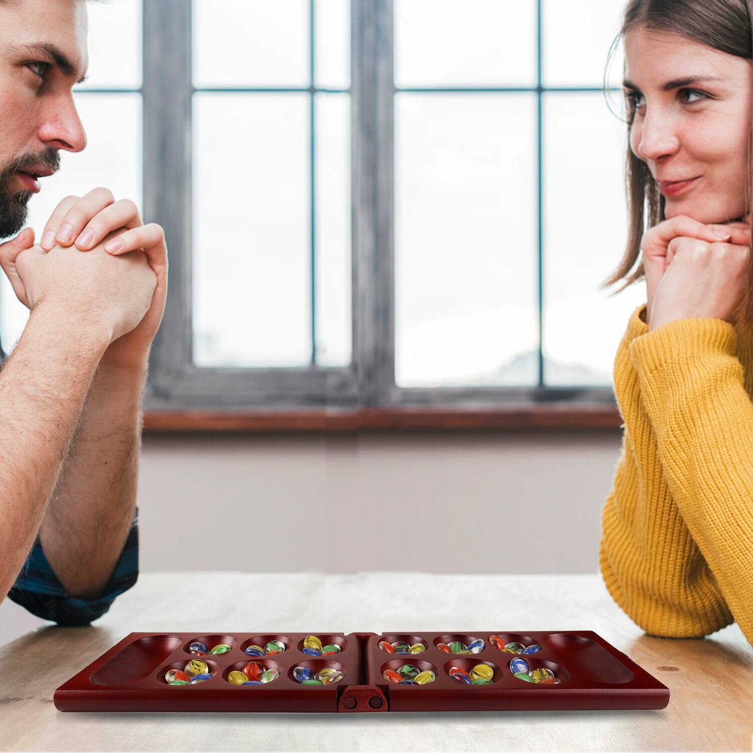 Alt View 2. GSE Games & Sports Expert - Folding Wooden Mancala Board Game with Multi-Color Glass Stone and Storage Bag, Travel Game - Mahogany.