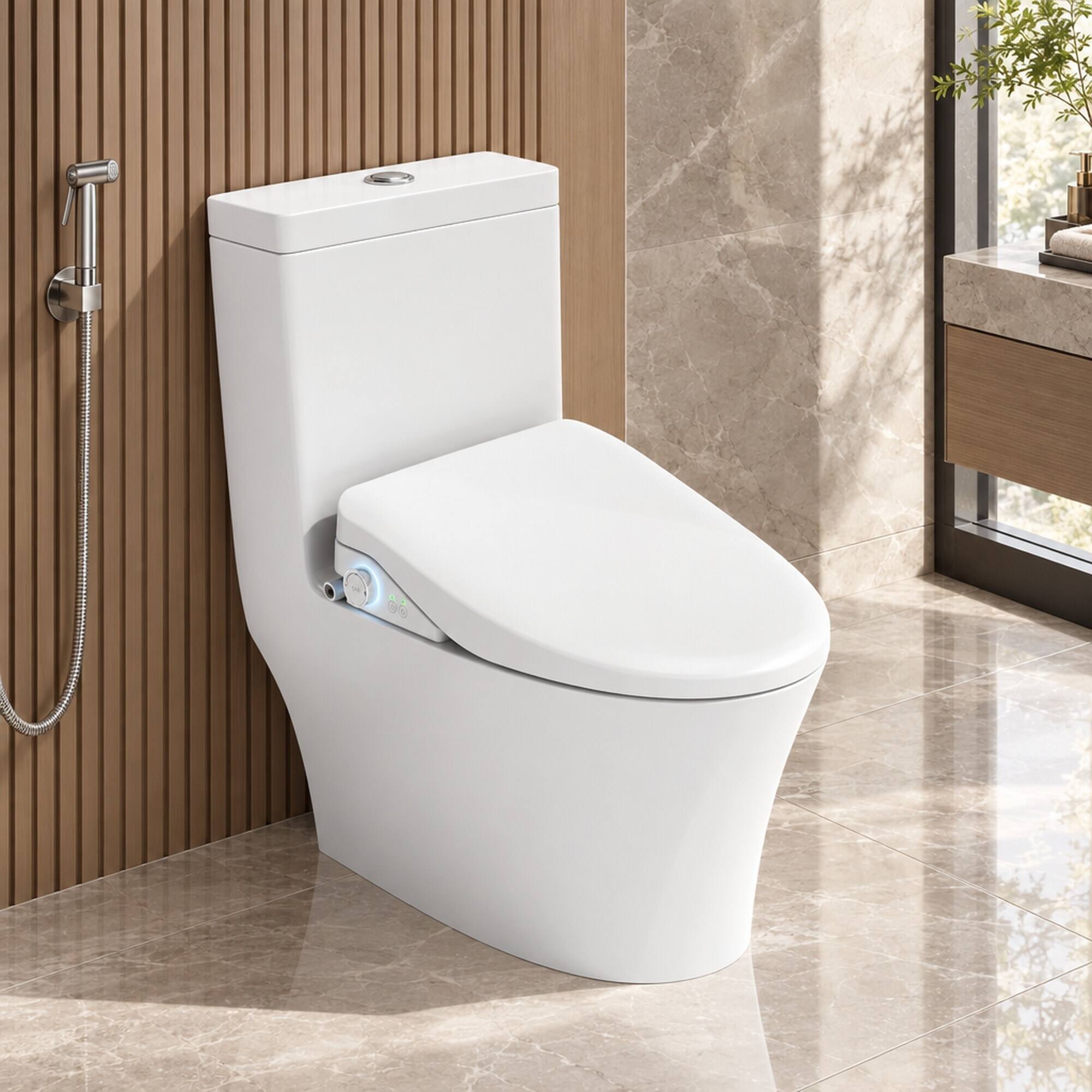 Angle. RYHNUYNE - Smart Bidet Toilet Seat, Side Knob Heated Seat Water Temperature and Pressure Adjustment Automatic Nozzle Cleaning - White.