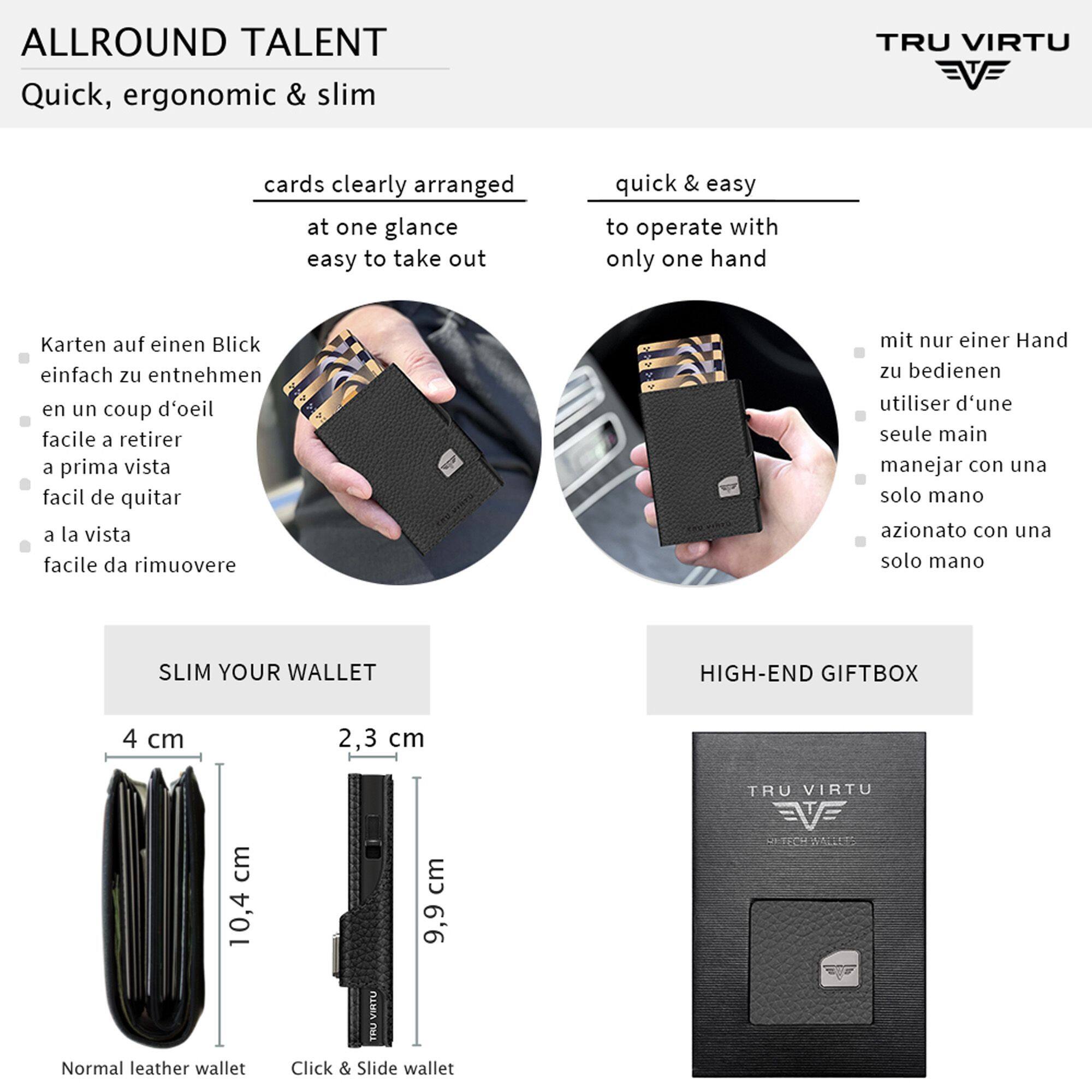 ALLROUND TALENT  
Quick, ergonomic & slim

cards clearly arranged at one glance  
easy to take out

Karten auf einen Blick einfach zu entnehmen  
en un coup d'oeil facile à retirer  
a prima vista facil de quitar  
à la vista

quick & easy to operate with only one hand

mit nur einer Hand zu bedienen  
utiliser d'une seule main  
manejar con una sola mano  
azione con una sola mano

SLIM YOUR WALLET

4 cm  
10,4 cm  
Normal leather wallet

2,3 cm  
9,9 cm  
Click & Slide wallet

HIGH-END GIFTBOX
