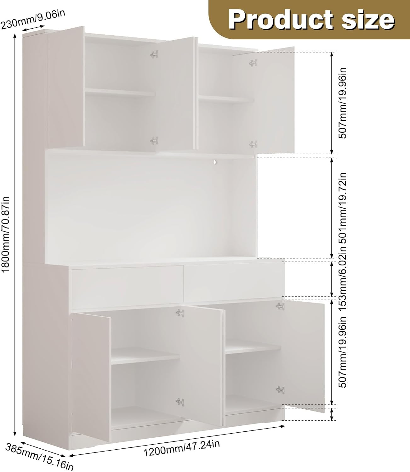 230mm/9.06in  
1800mm/70.87in  
385mm/15.16in  

Product size  
507mm/19.96in  
72in  
501mm/19.72in  
501  
153mm/6.02in  
507mm/19.96in  
1200mm/47.24in