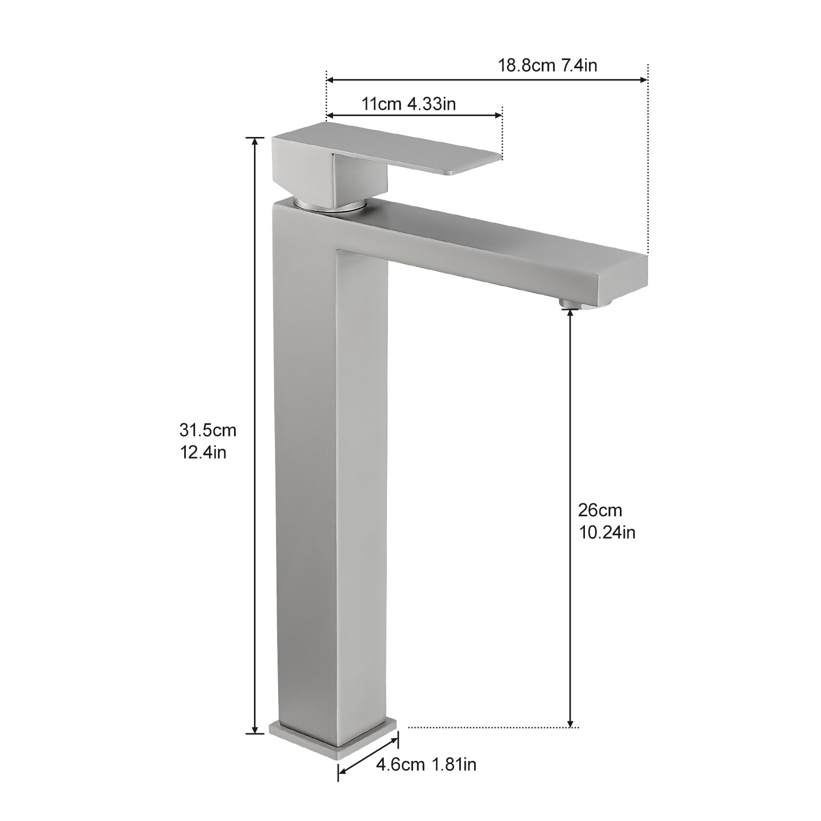 18.8cm 7.4in, 11cm 4.33in, 31.5cm 12.4in, 26cm 10.24in, 4.6cm 1.81in