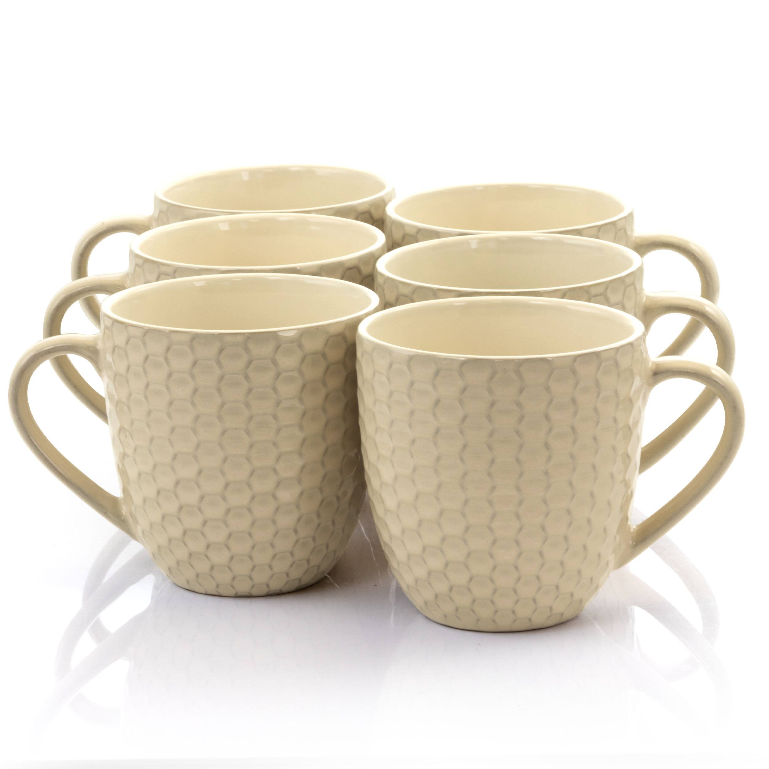Elama - Honeycomb 6 Piece 15 Ounce Round Stoneware Mug Set - Cream