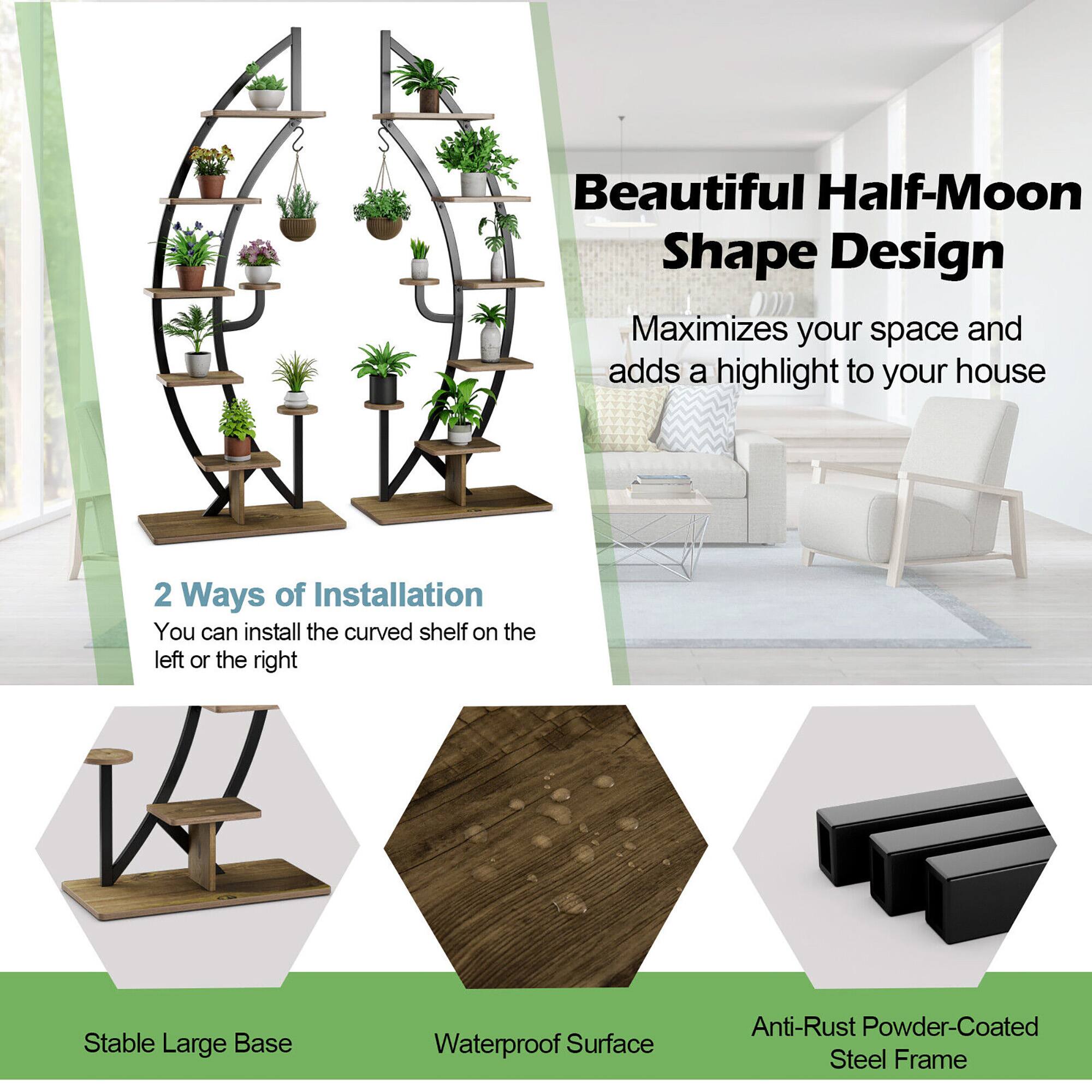 Beautiful Half-Moon Shape Design  
Maximizes your space and adds a highlight to your house  

2 Ways of Installation  
You can install the curved shelf on the left or the right  

Stable Large Base  
Waterproof Surface  
Anti-Rust Powder-Coated Steel Frame