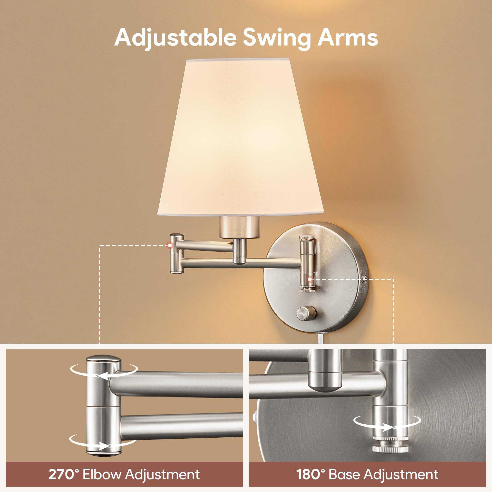 Adjustable Swing Arms

270° Elbow Adjustment

180° Base Adjustment
