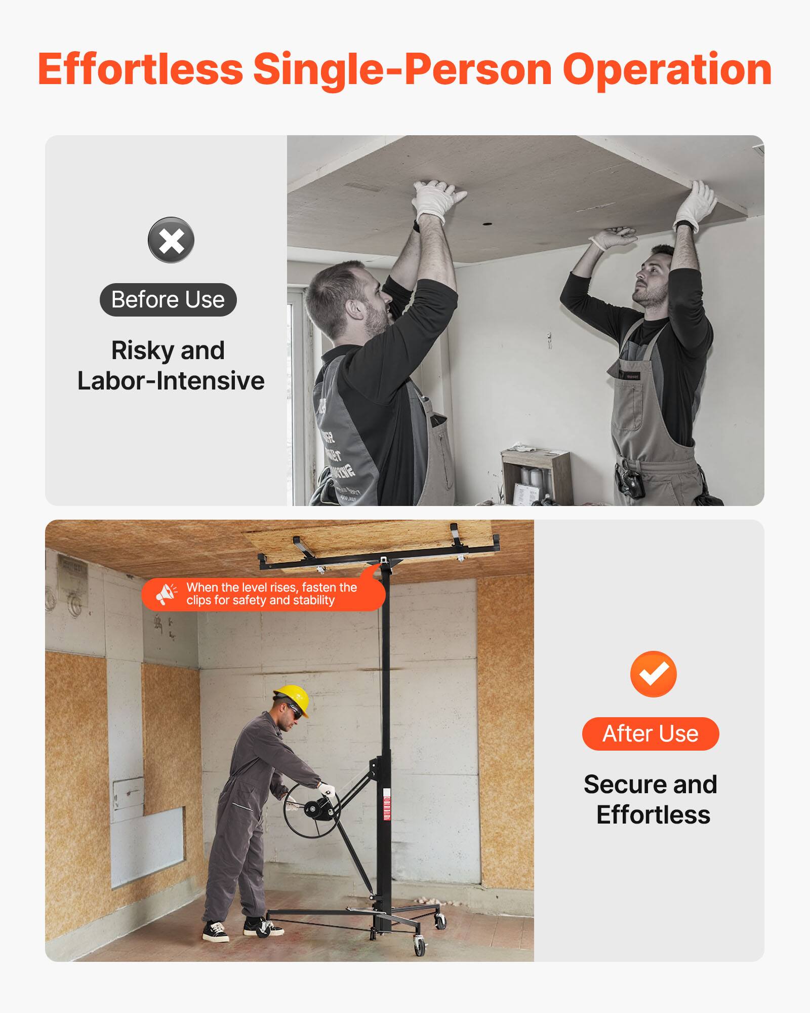 Effortless Single-Person Operation

Before Use  
Risky and Labor-Intensive

When the level rises, fasten the clips for safety and stability

After Use  
Secure and Effortless