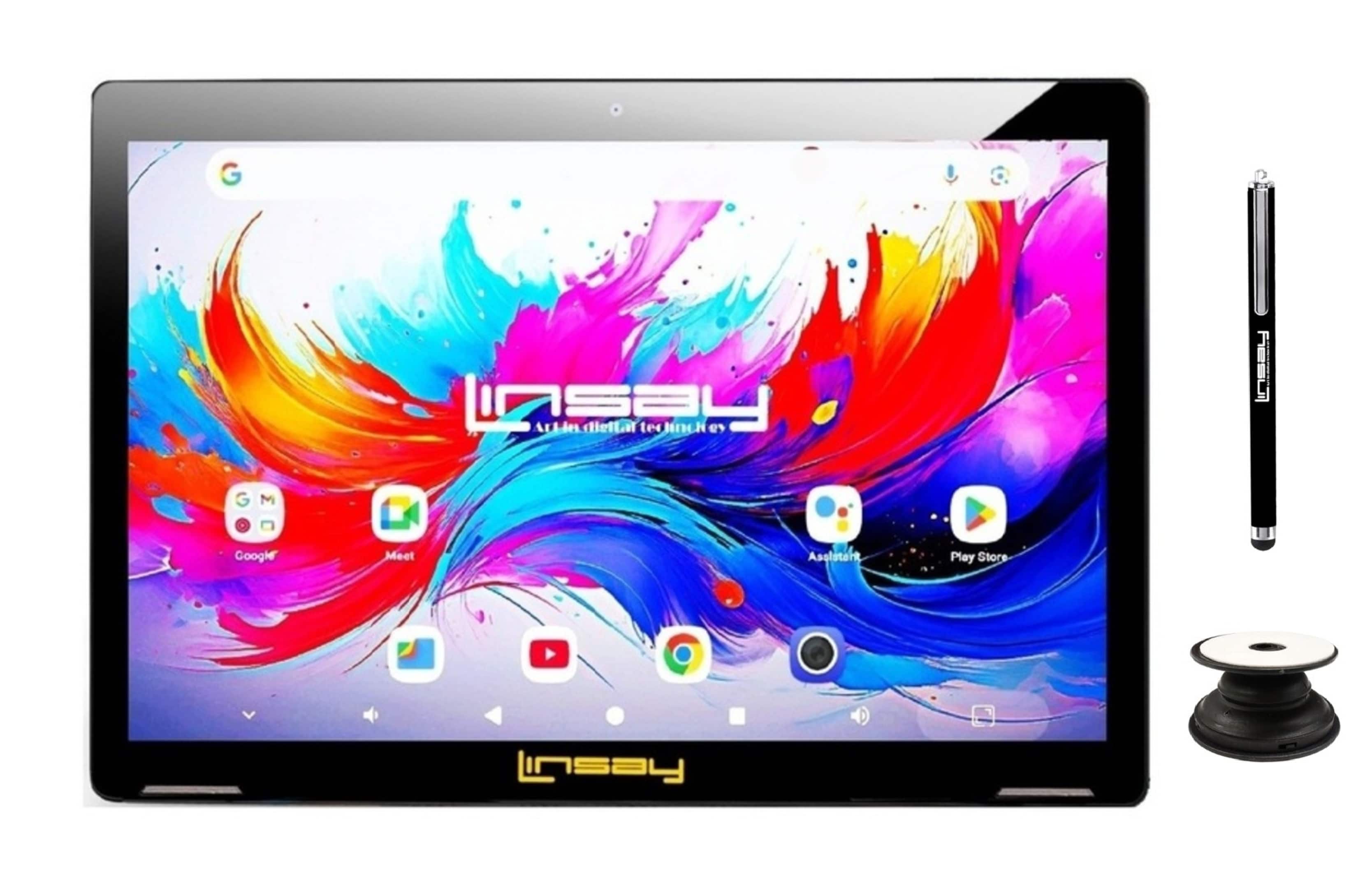 LINSAY - 10.1" Octa Core 256GB Storage Android 15 Tablet with POP Holder & Pen Stylus - Black