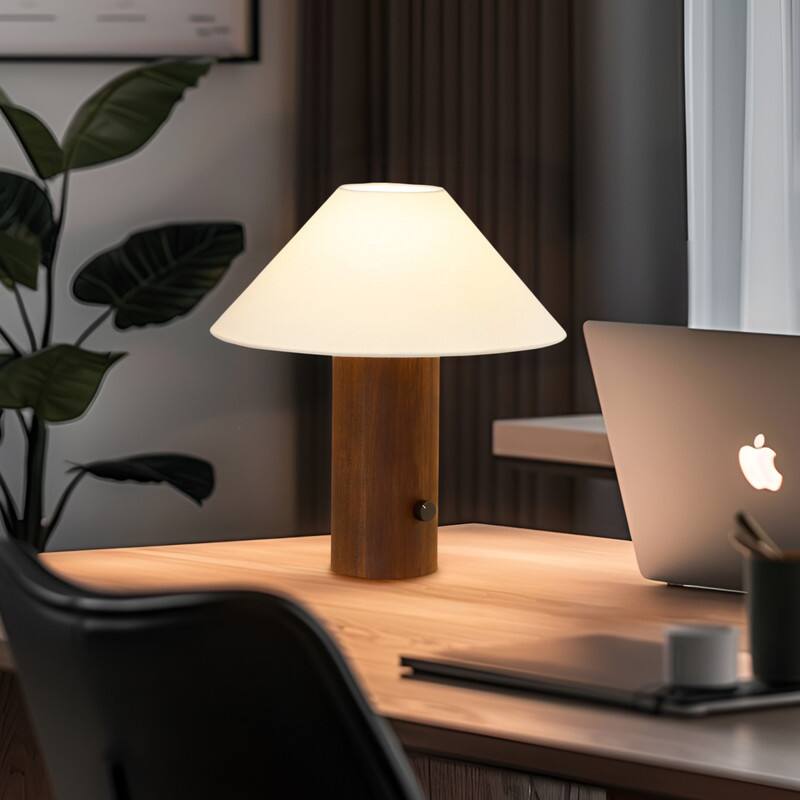 Angle. Brightech - Oakley LED Midcentury Modern Dimmable Bedside Nightstand Desk Lamp - Walnut Brown Wood.