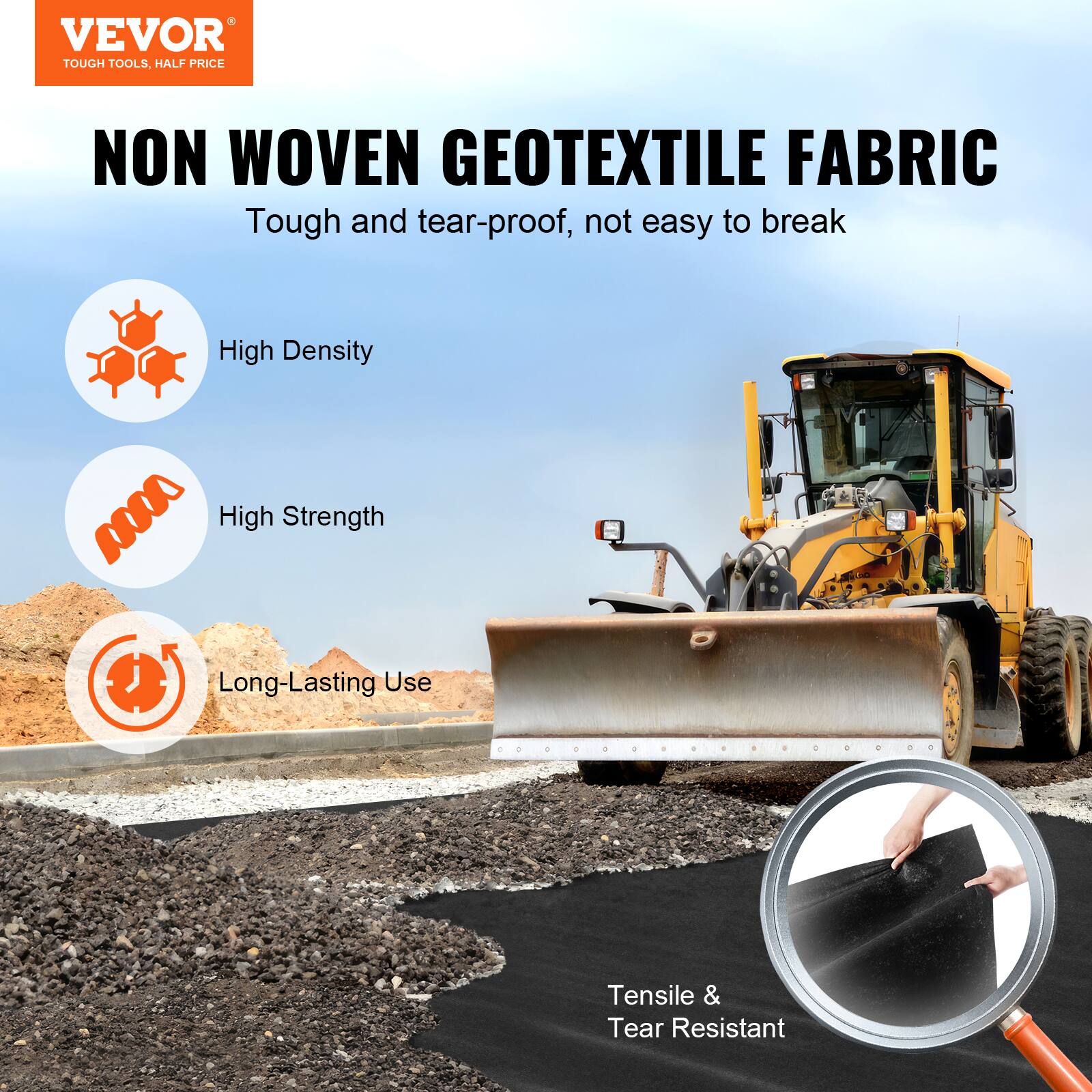 VEVOR TOUGH TOOLS. HALF PRICE NON WOVEN GEOTEXTILE FABRIC Tough and tear-proof, not easy to break High Density High Strength Long-Lasting Use Tensile & Tear Resistant
